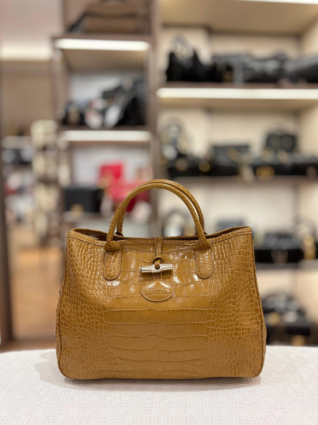 Longchamp Roseau Croco Embossed Mustard