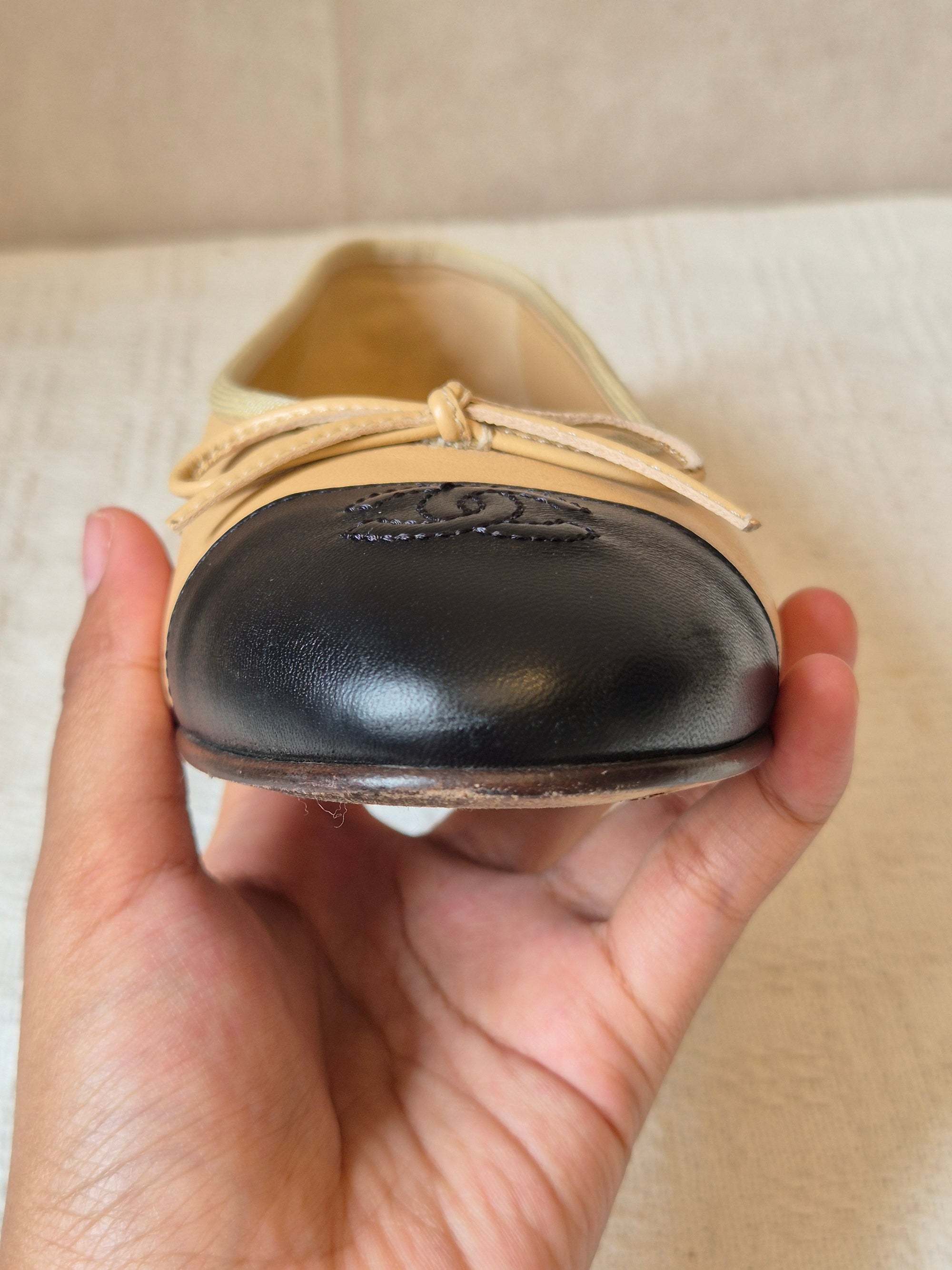 Chanel Ballerina Flat Shoes Beige Black
