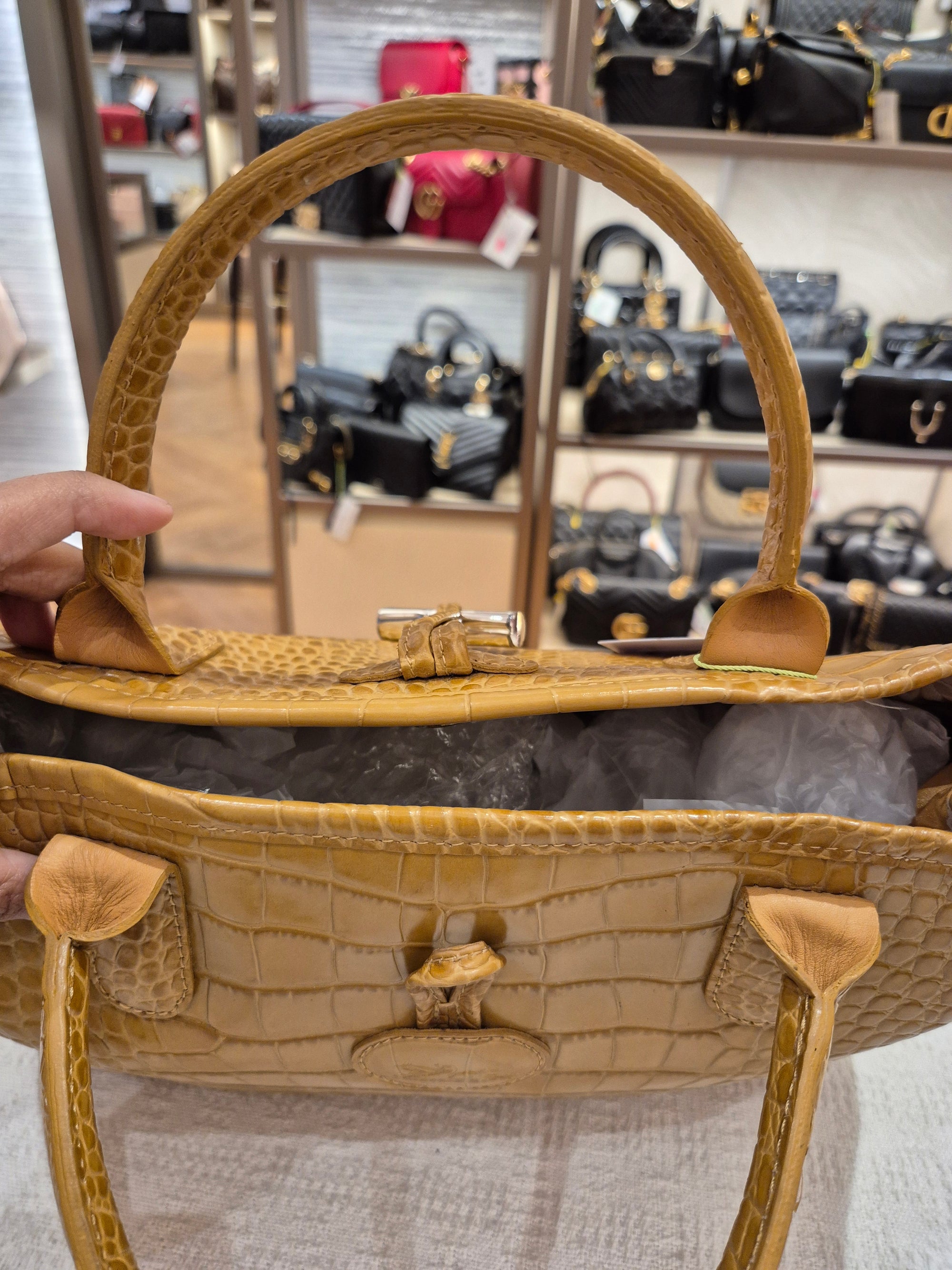 Longchamp Roseau Croco Embossed Mustard