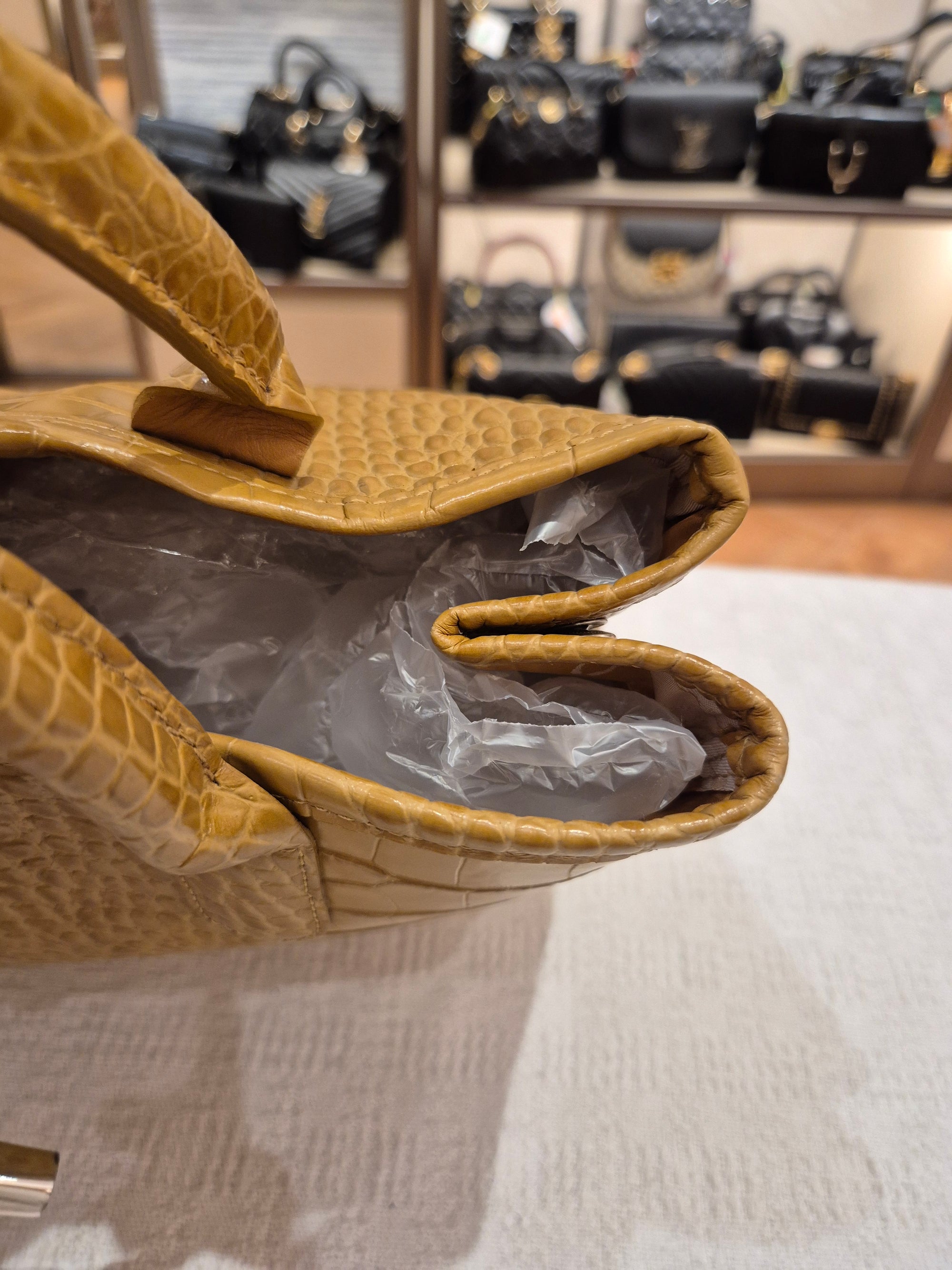 Longchamp Roseau Croco Embossed Mustard