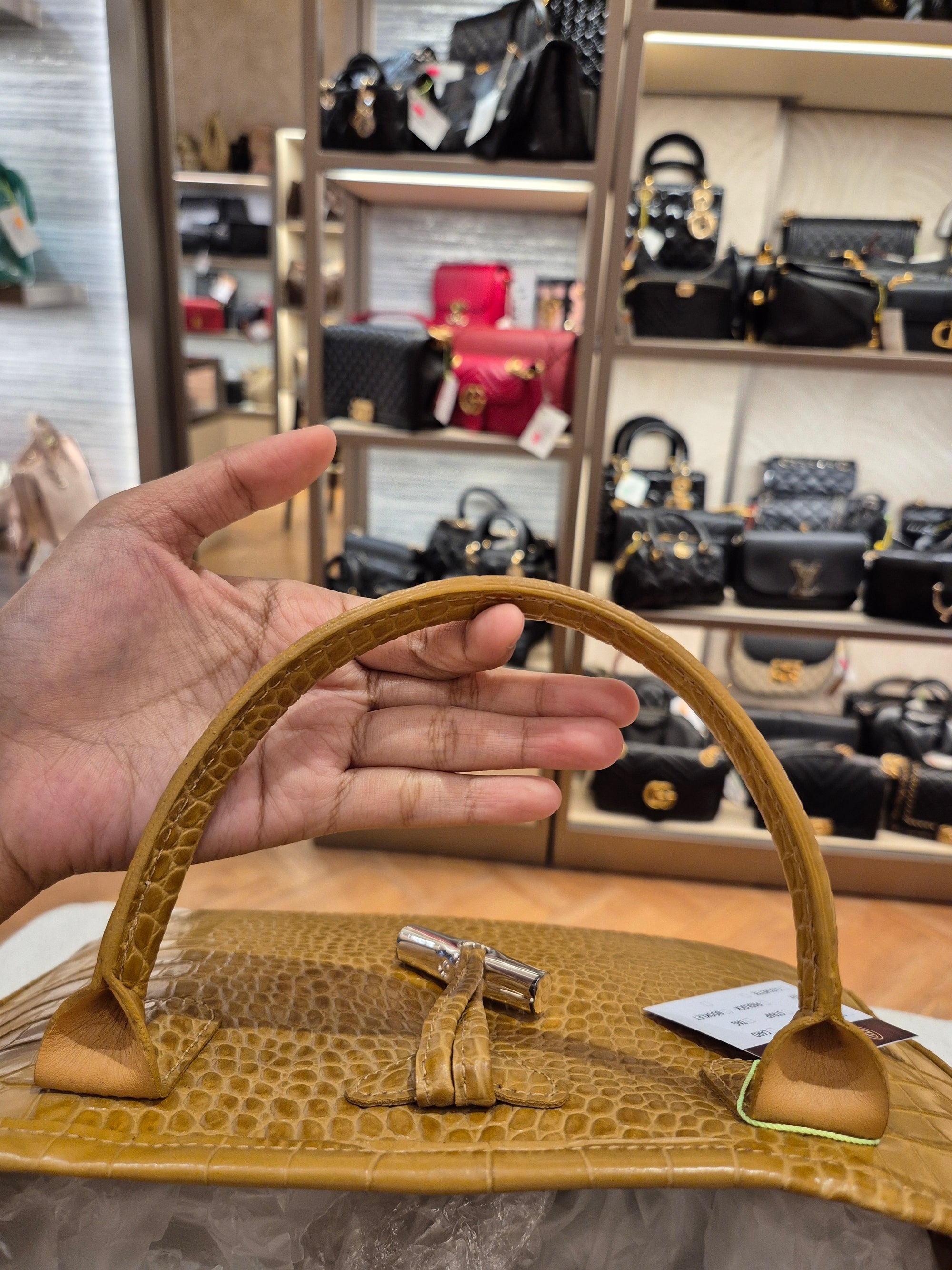 Longchamp Roseau Croco Embossed Mustard