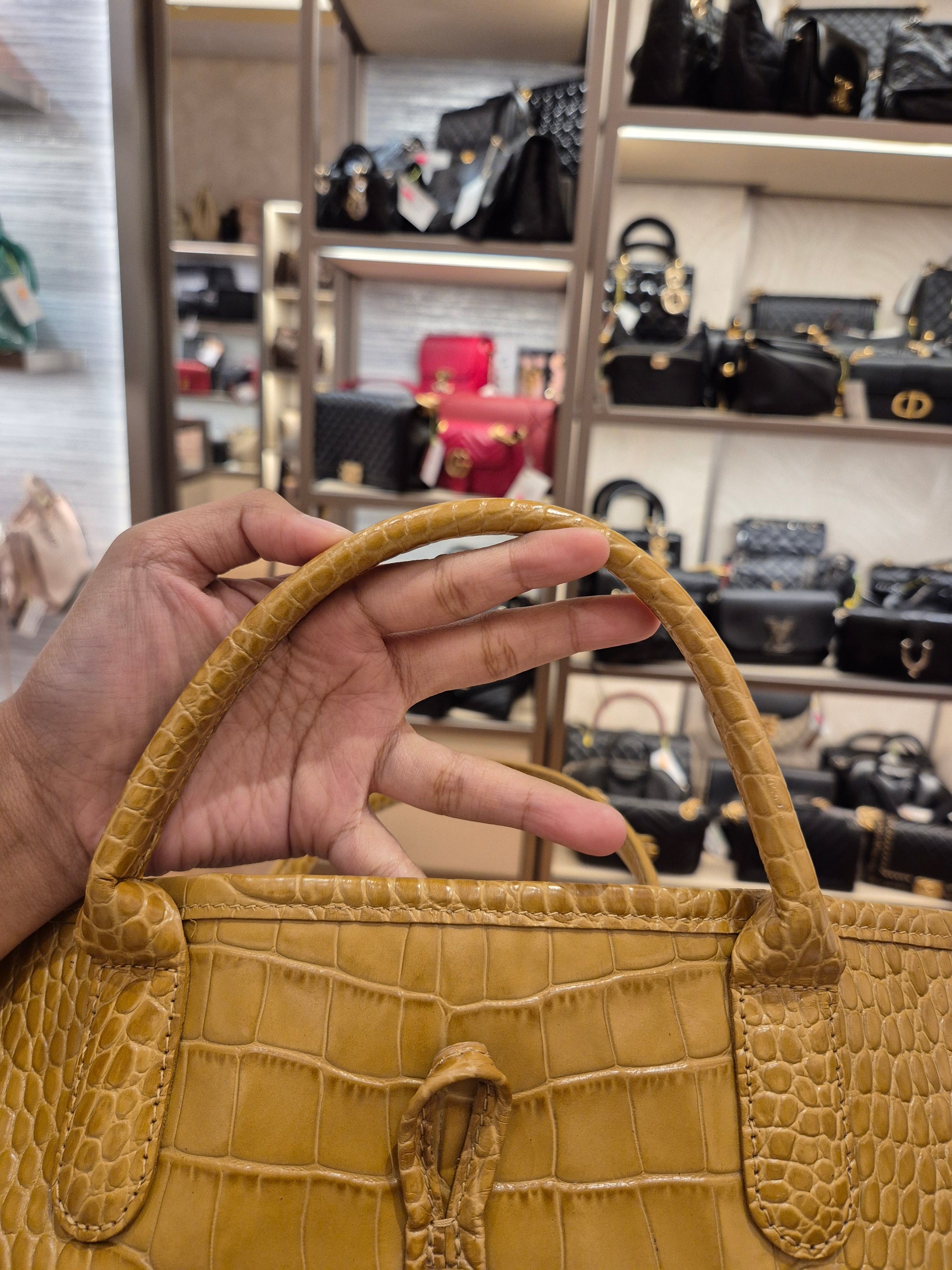 Longchamp Roseau Croco Embossed Mustard