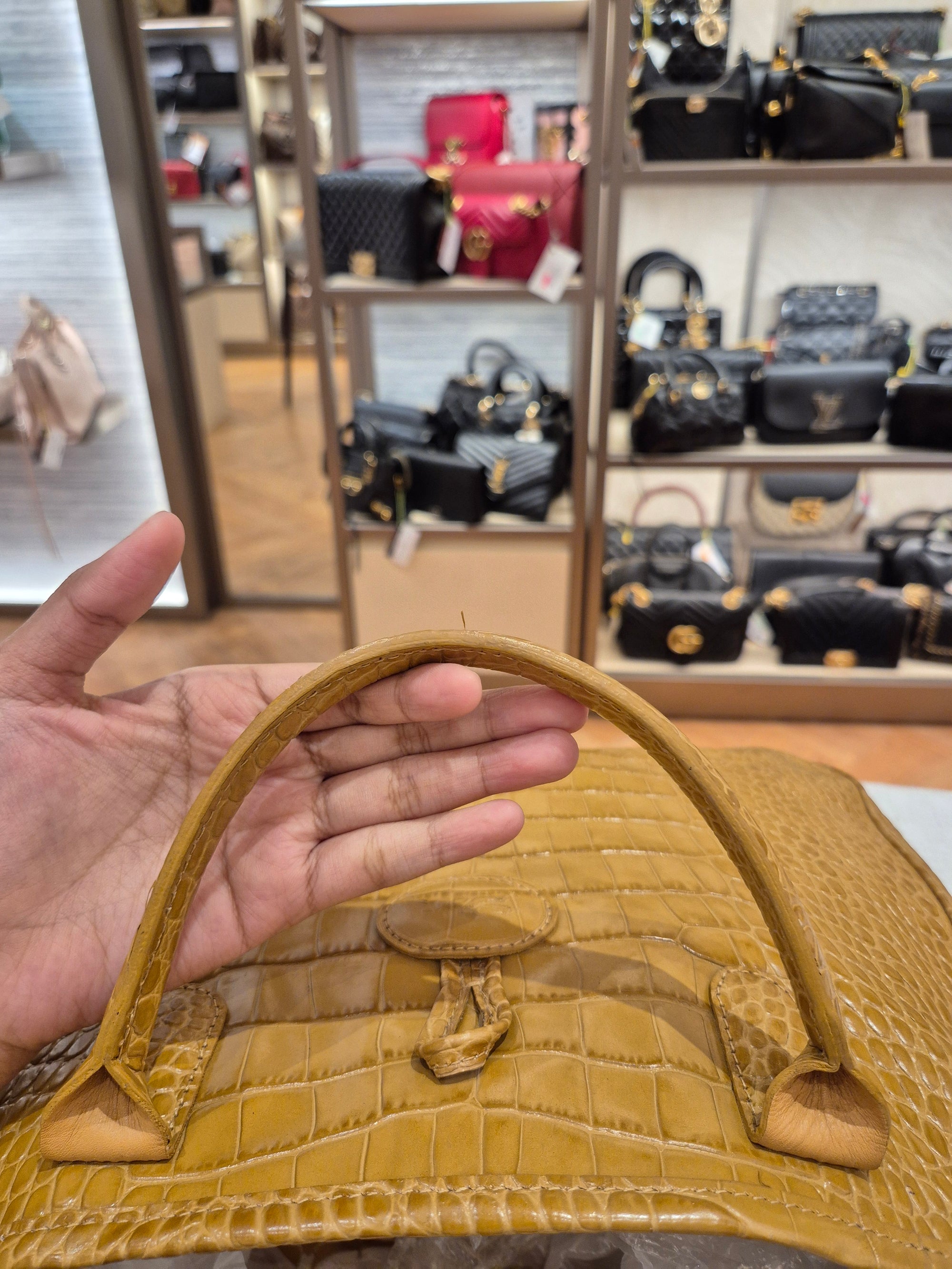 Longchamp Roseau Croco Embossed Mustard