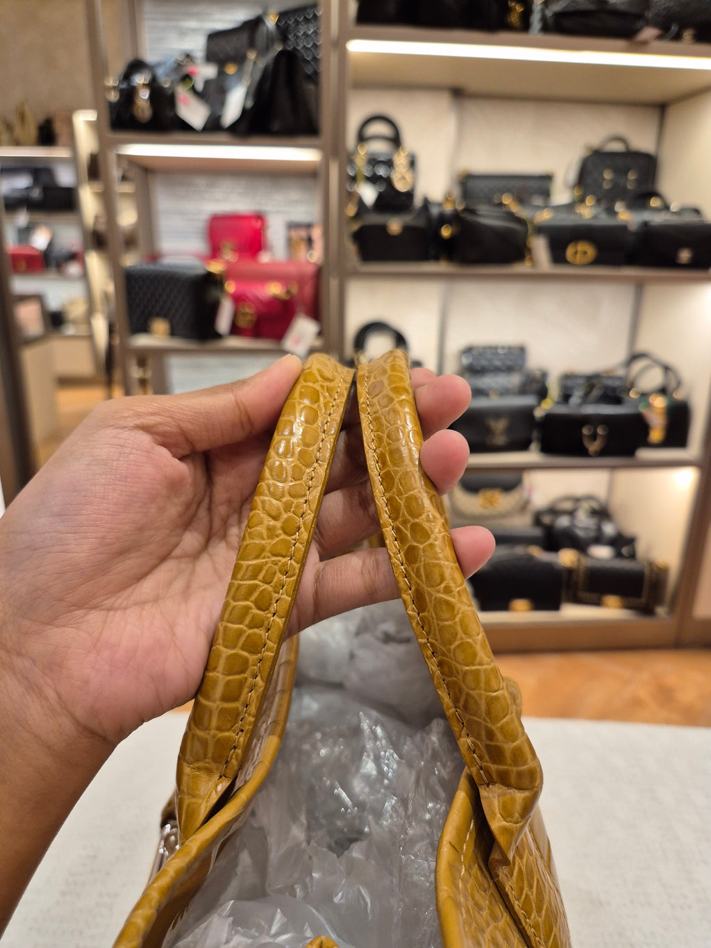 Longchamp Roseau Croco Embossed Mustard