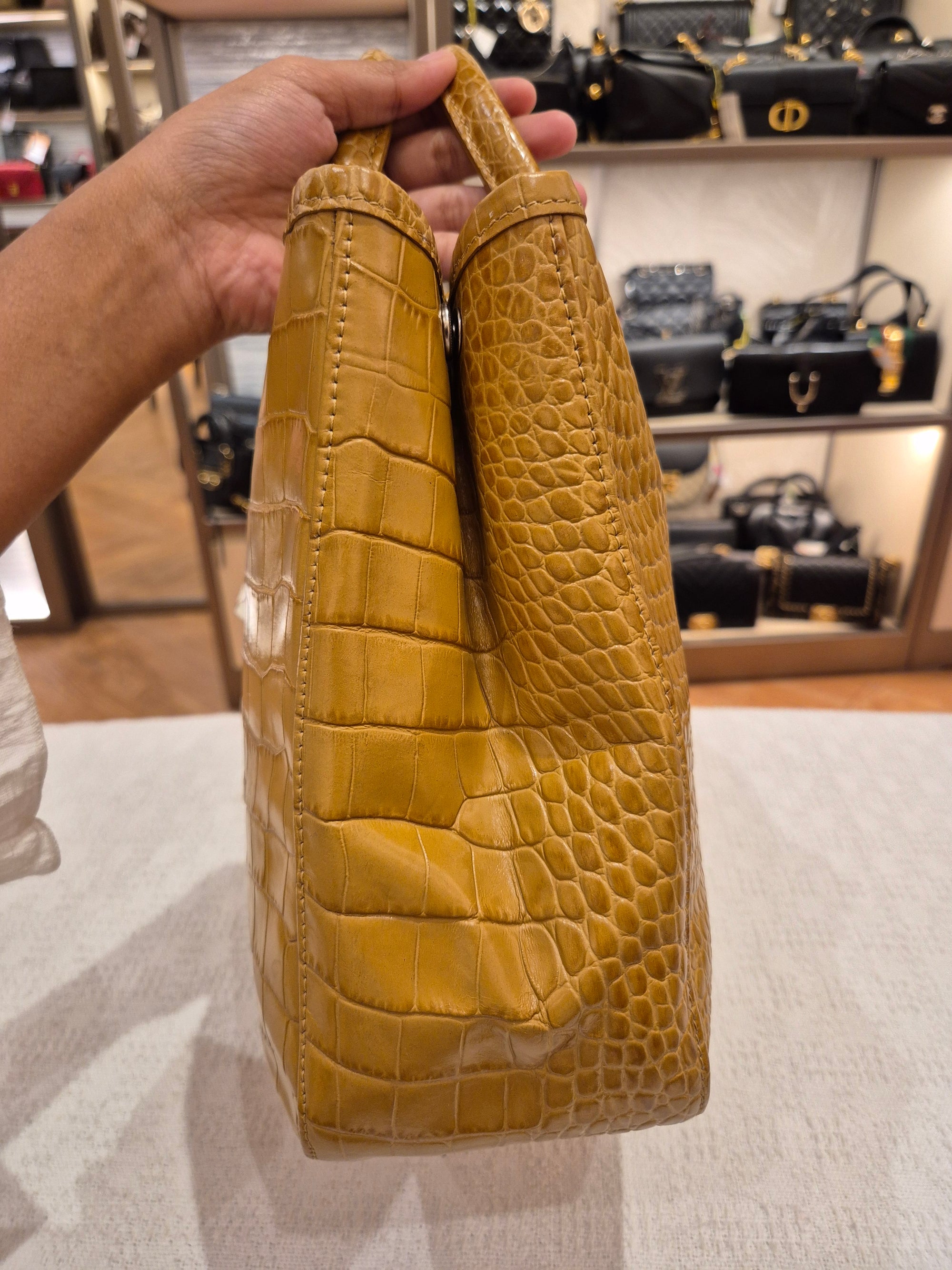 Longchamp Roseau Croco Embossed Mustard