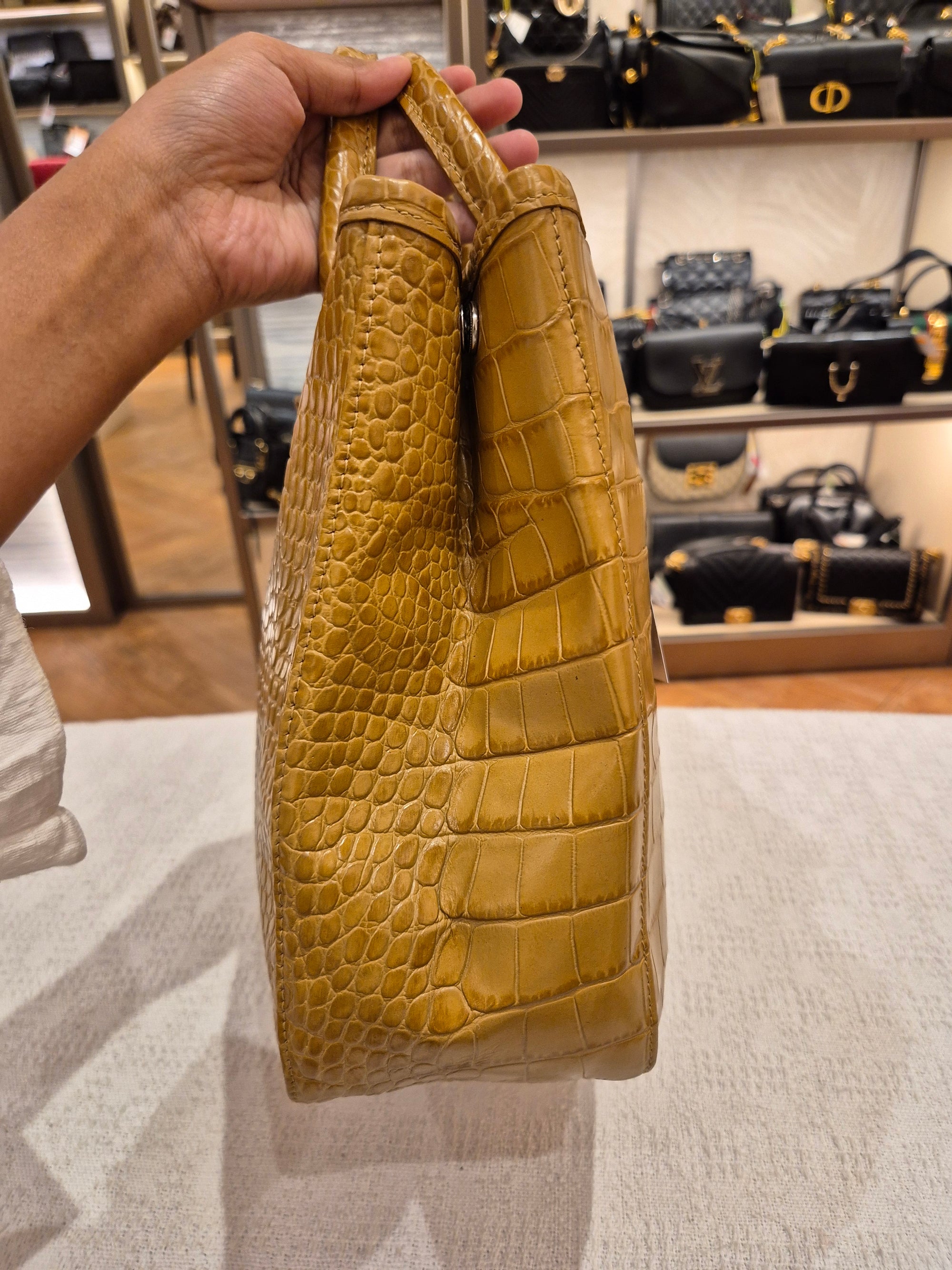 Longchamp Roseau Croco Embossed Mustard