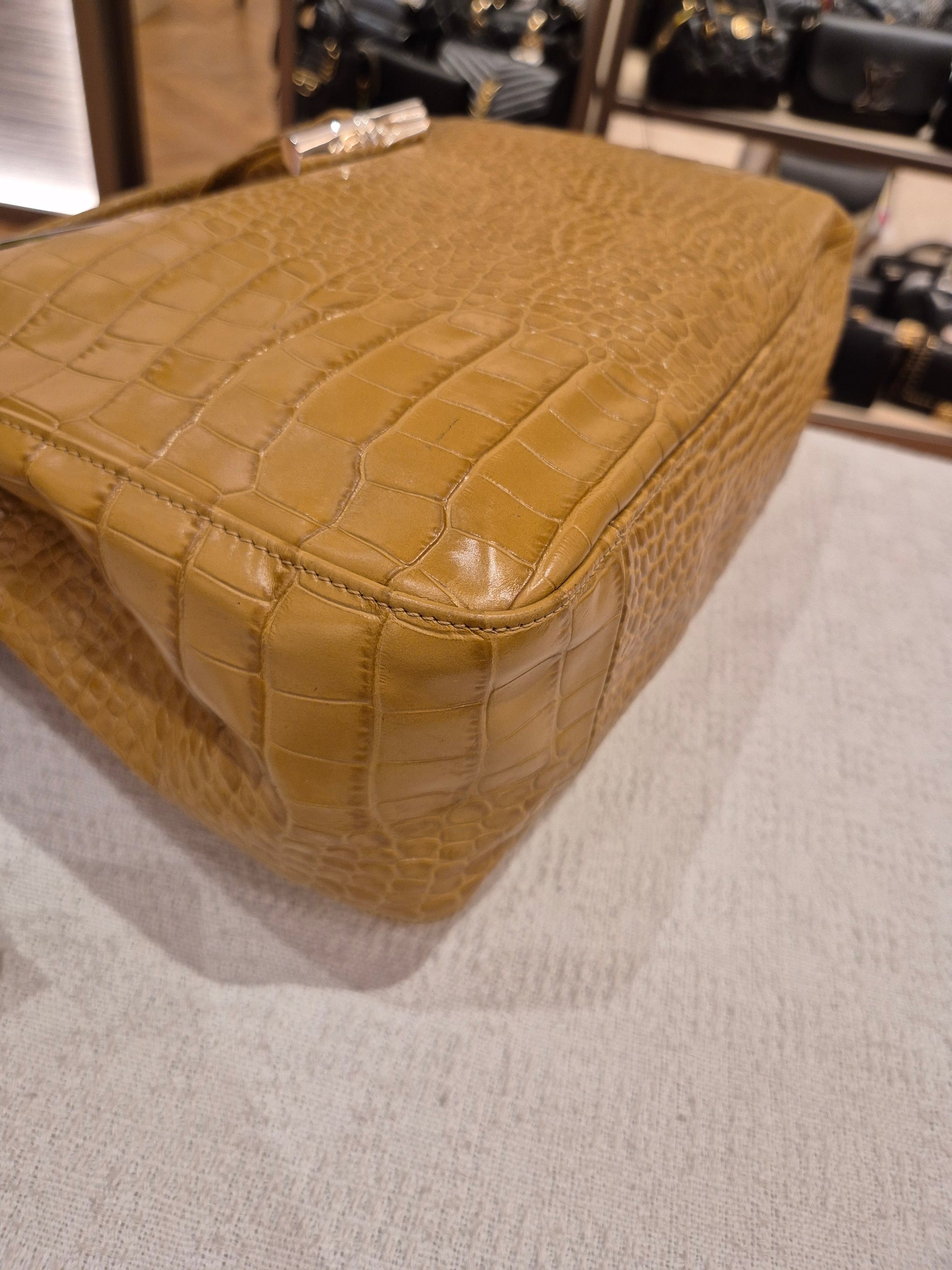 Longchamp Roseau Croco Embossed Mustard