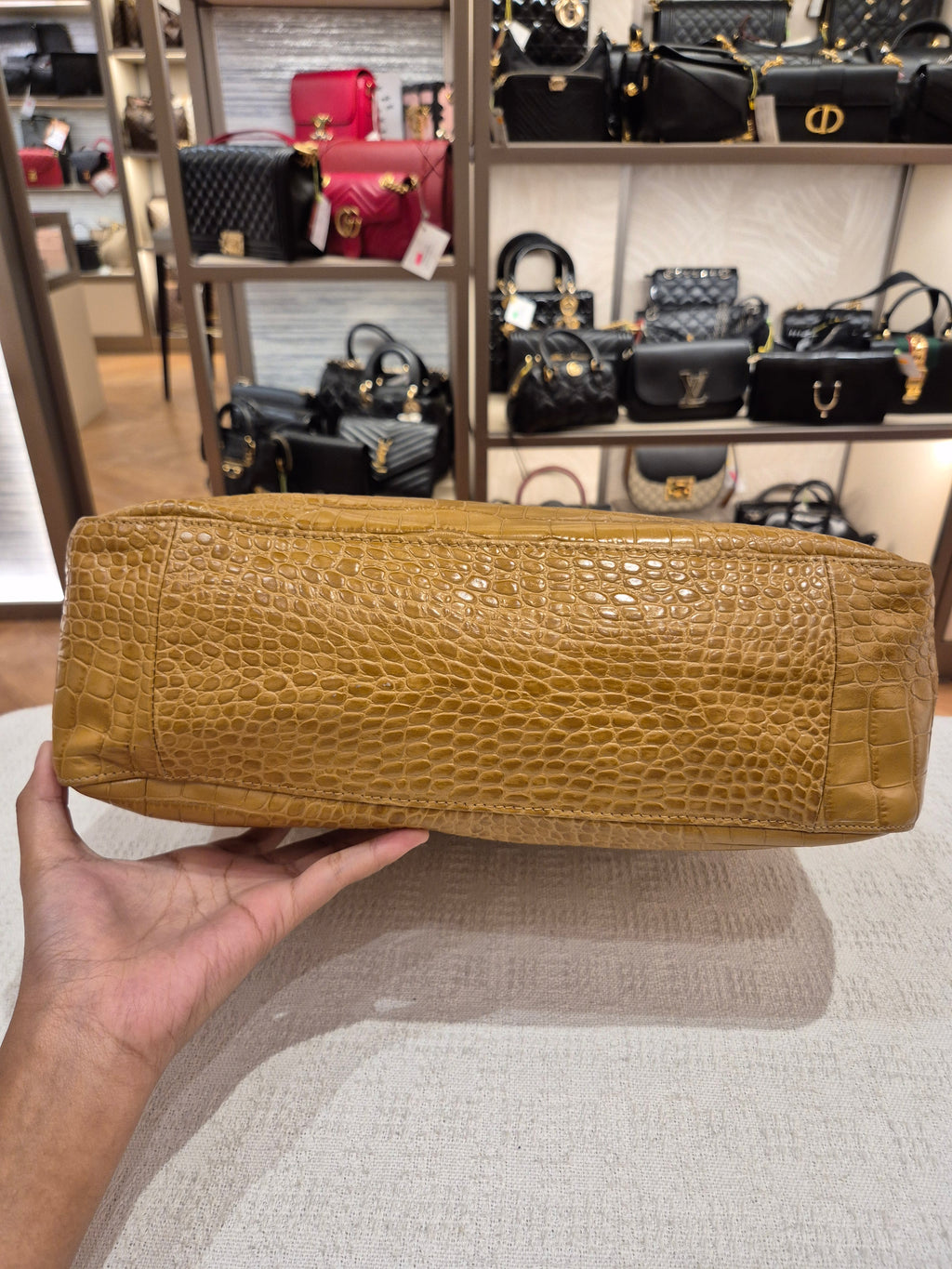 Longchamp Roseau Croco Embossed Mustard