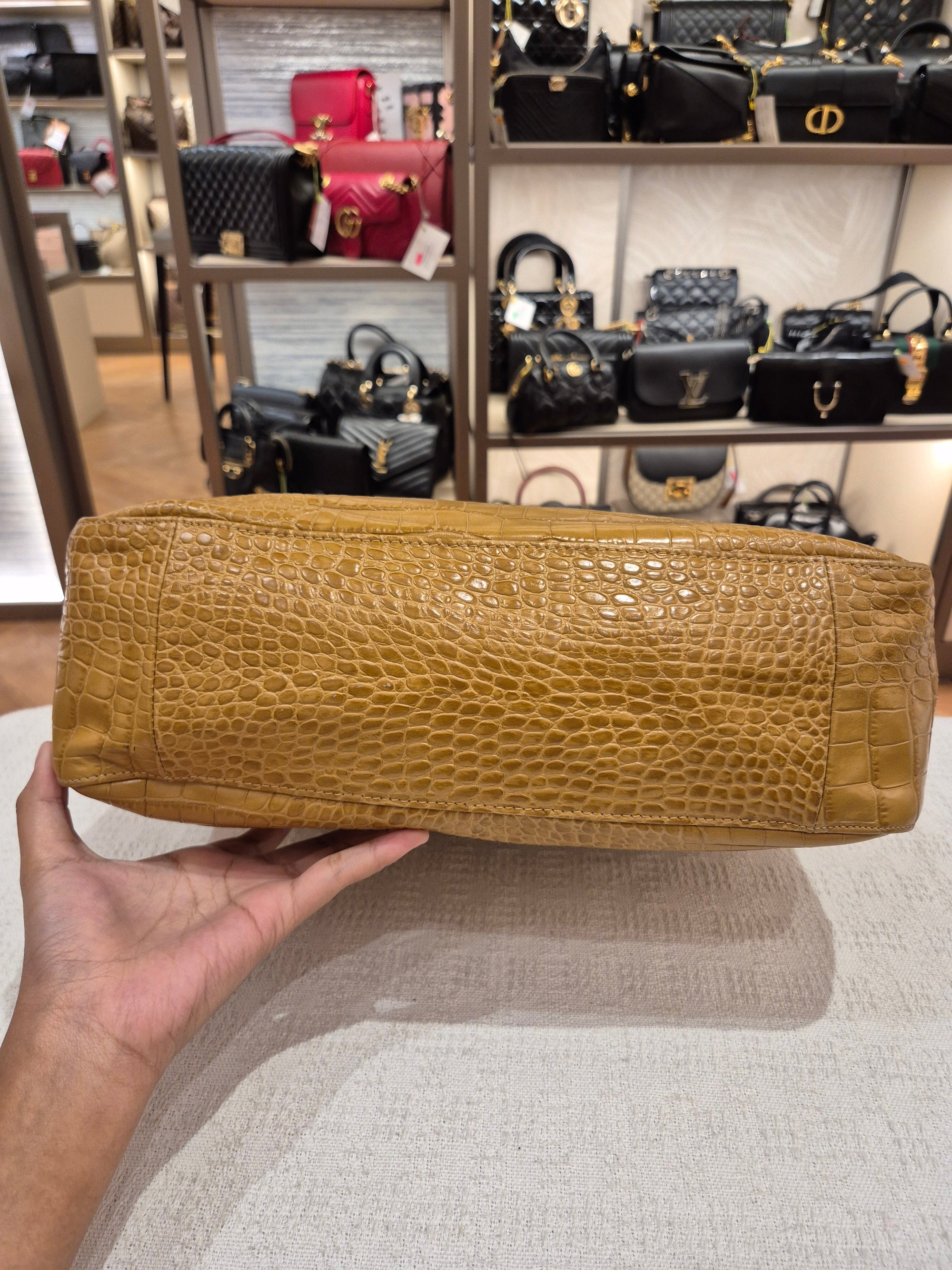 Longchamp Roseau Croco Embossed Mustard