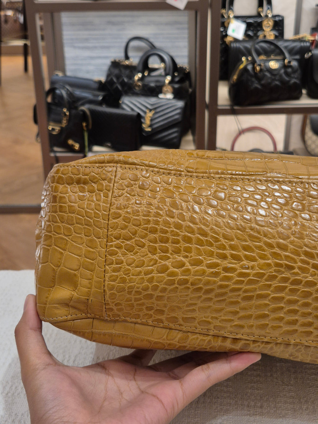 Longchamp Roseau Croco Embossed Mustard