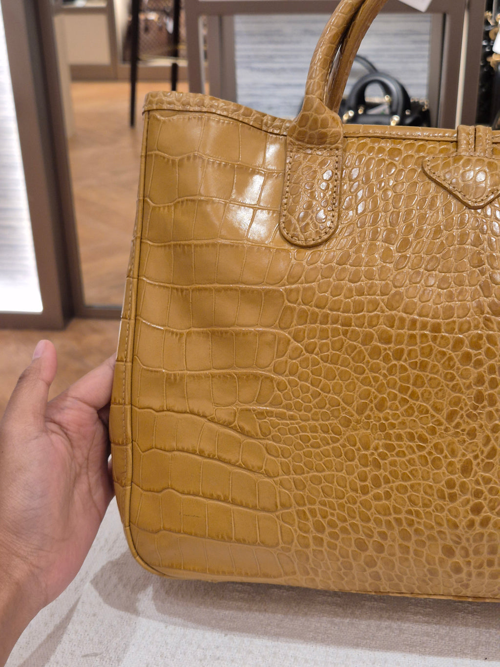 Longchamp Roseau Croco Embossed Mustard