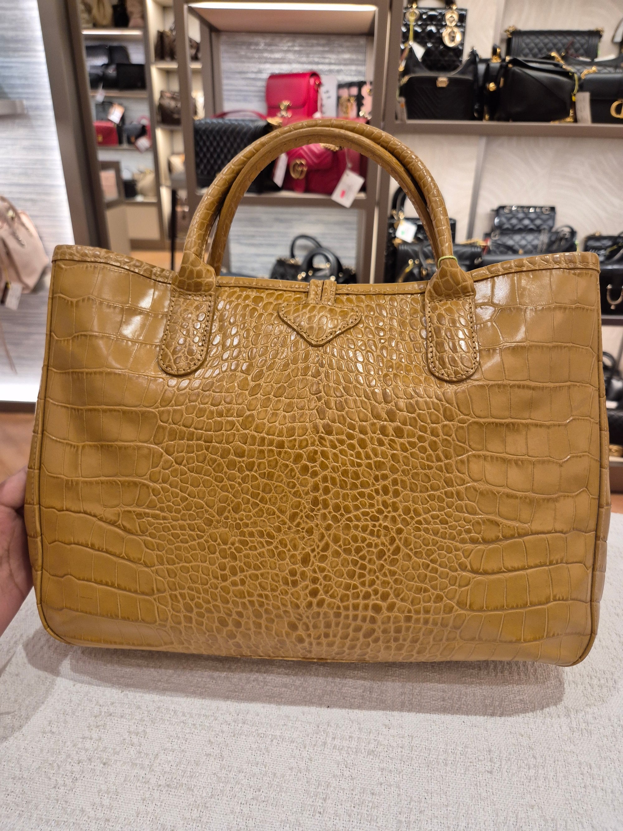Longchamp Roseau Croco Embossed Mustard