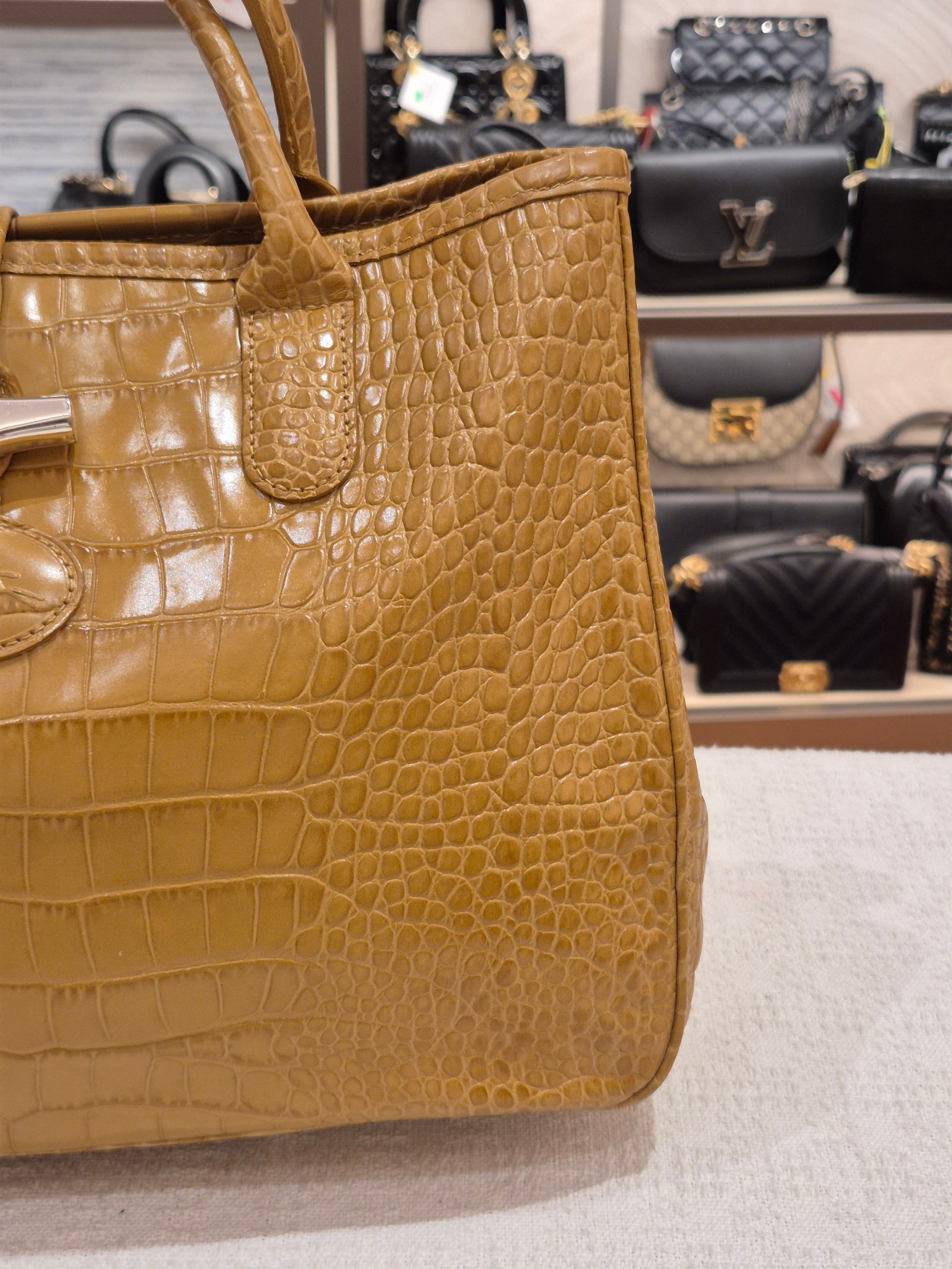 Longchamp Roseau Croco Embossed Mustard