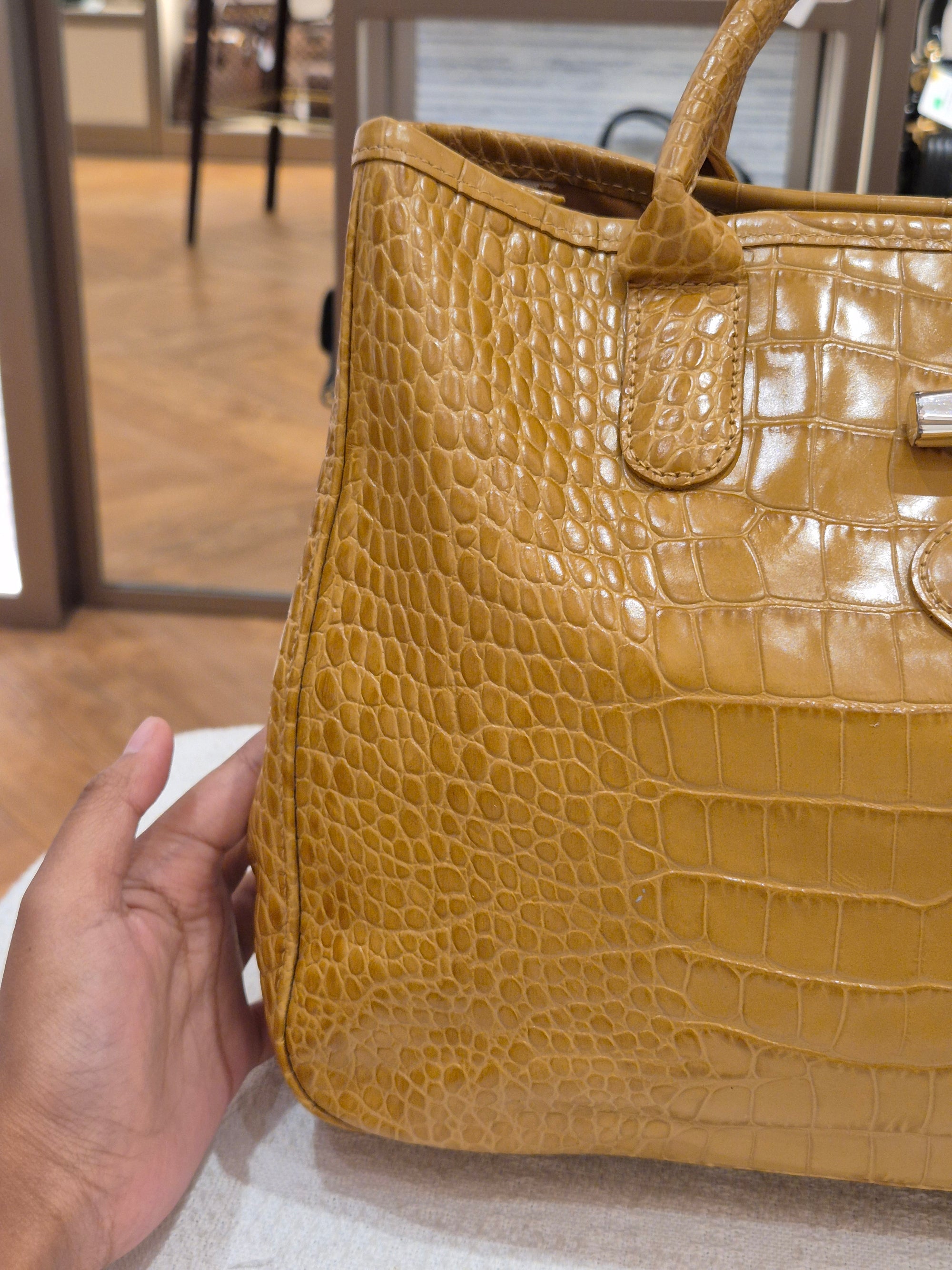 Longchamp Roseau Croco Embossed Mustard