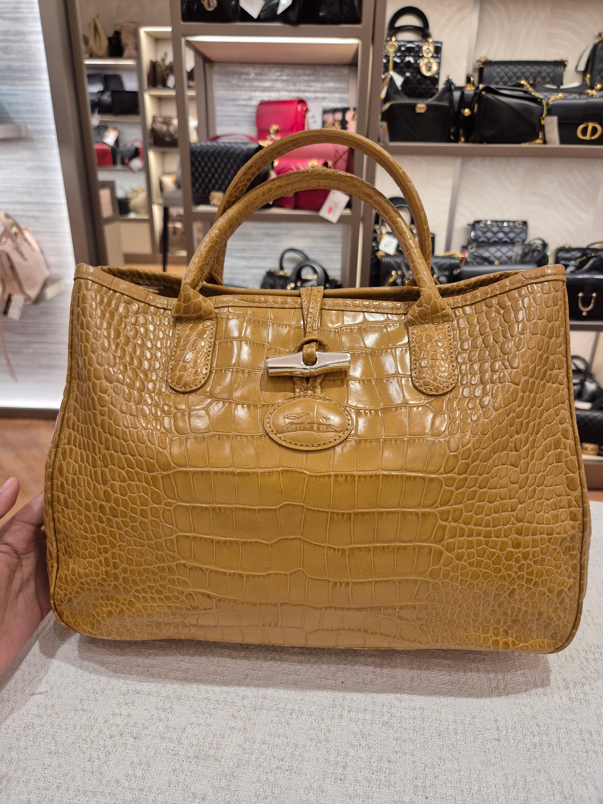 Longchamp Roseau Croco Embossed Mustard