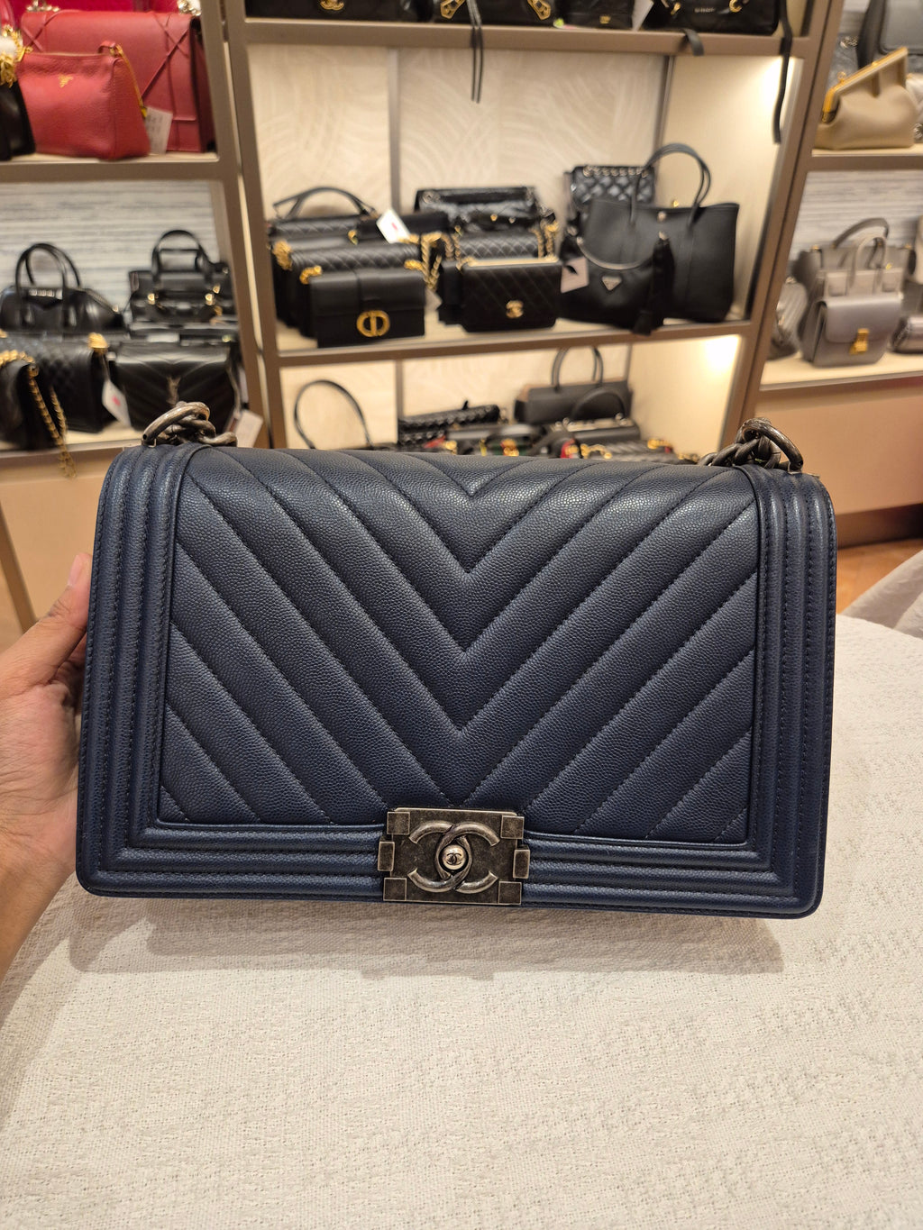 Chanel Boy New Medium Caviar Chevron Navy