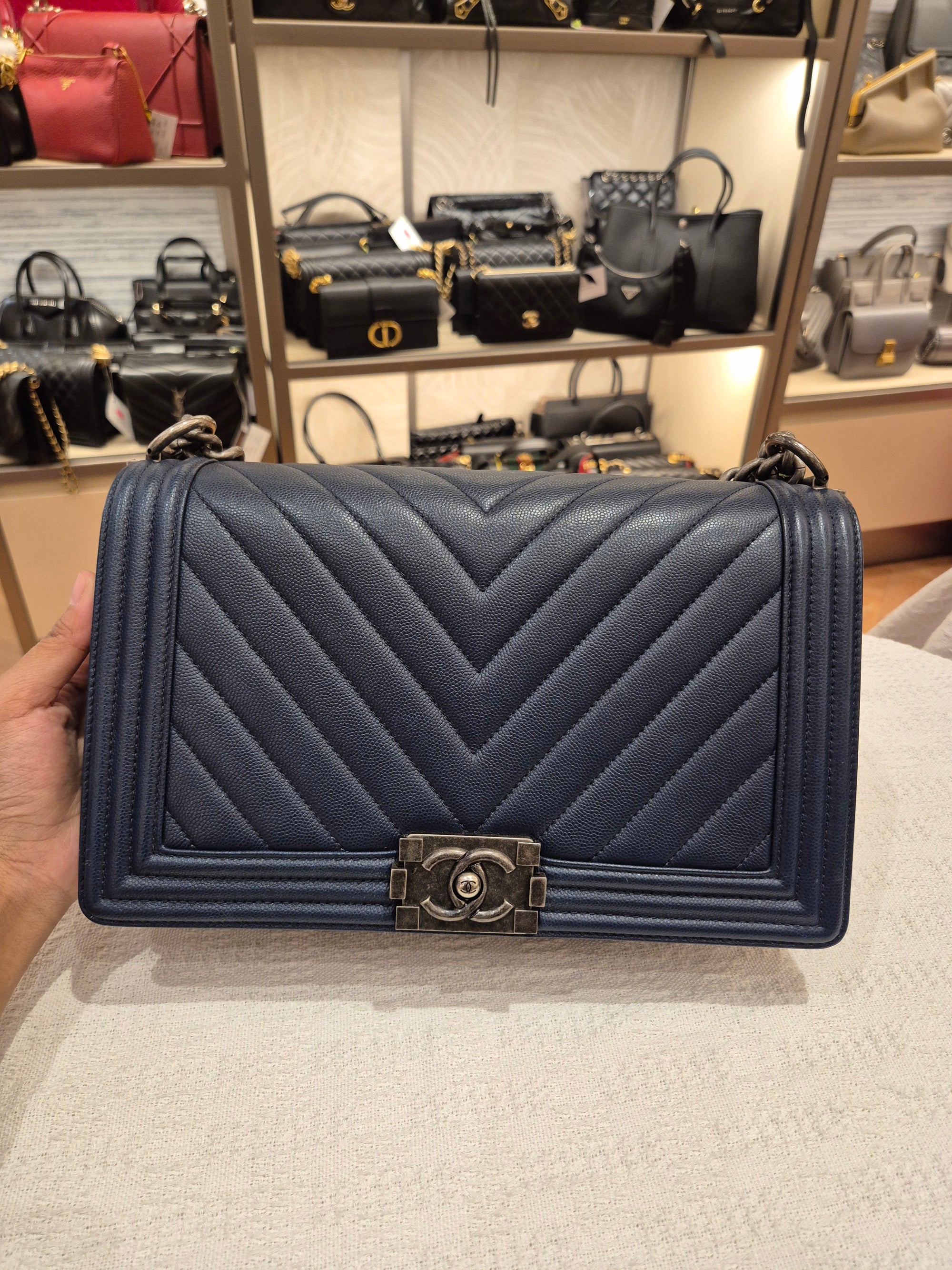 Chanel Boy New Medium Caviar Chevron Navy