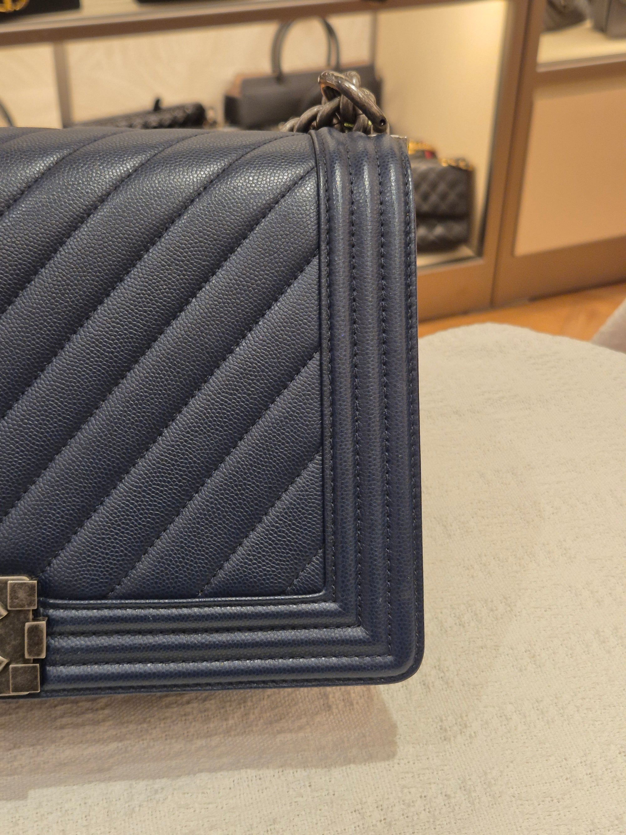 Chanel Boy New Medium Caviar Chevron Navy