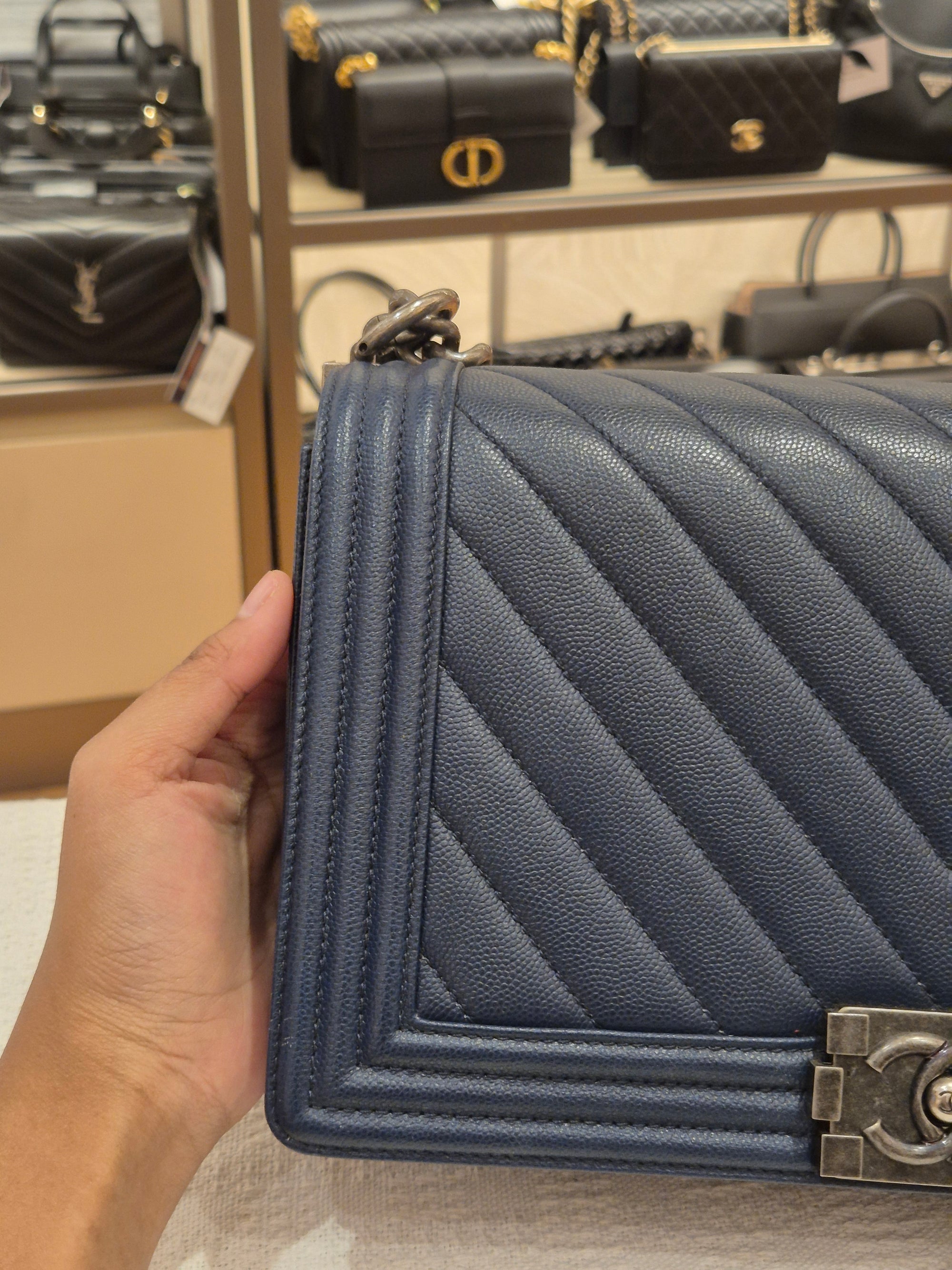 Chanel Boy New Medium Caviar Chevron Navy