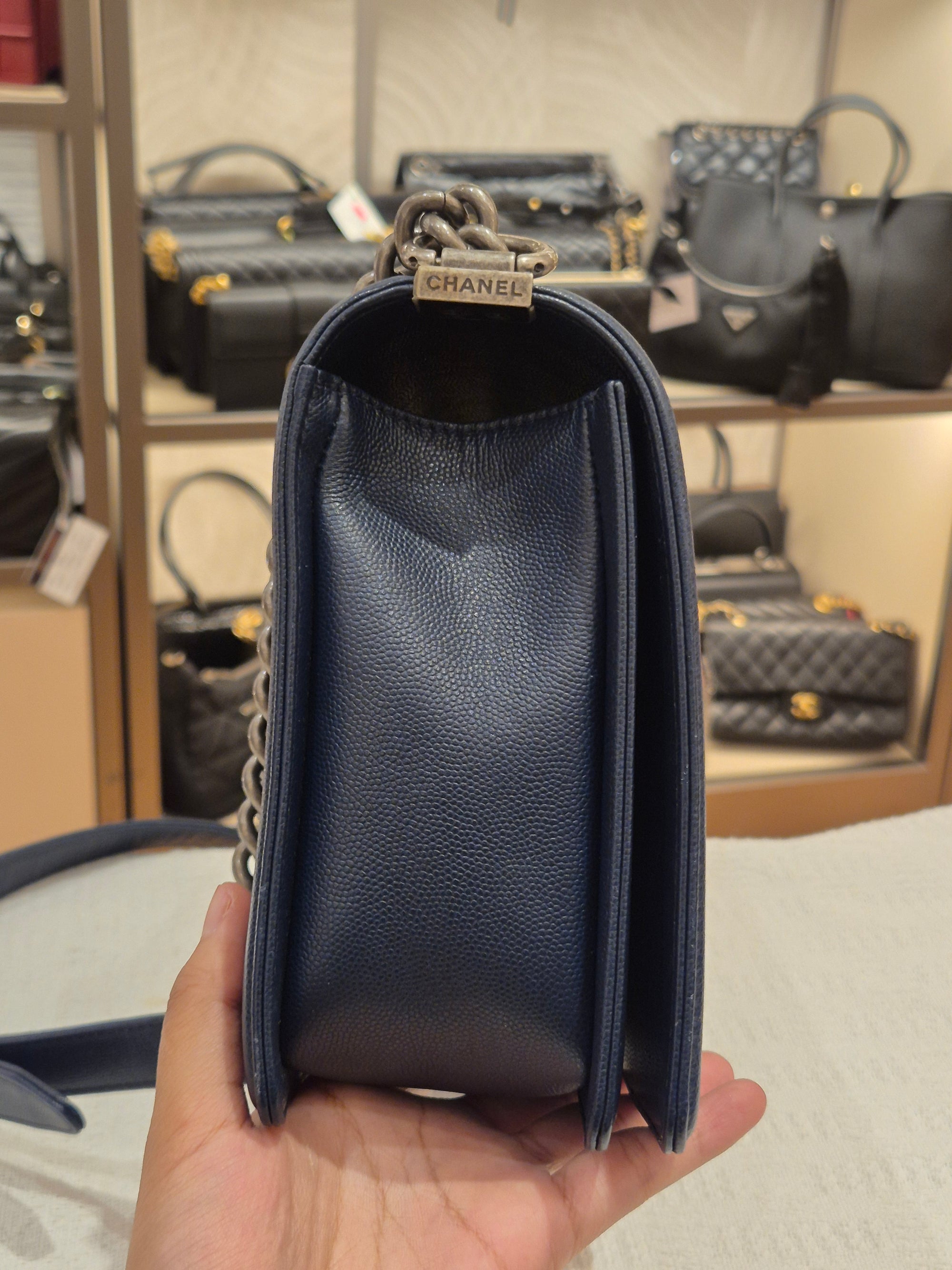 Chanel Boy New Medium Caviar Chevron Navy