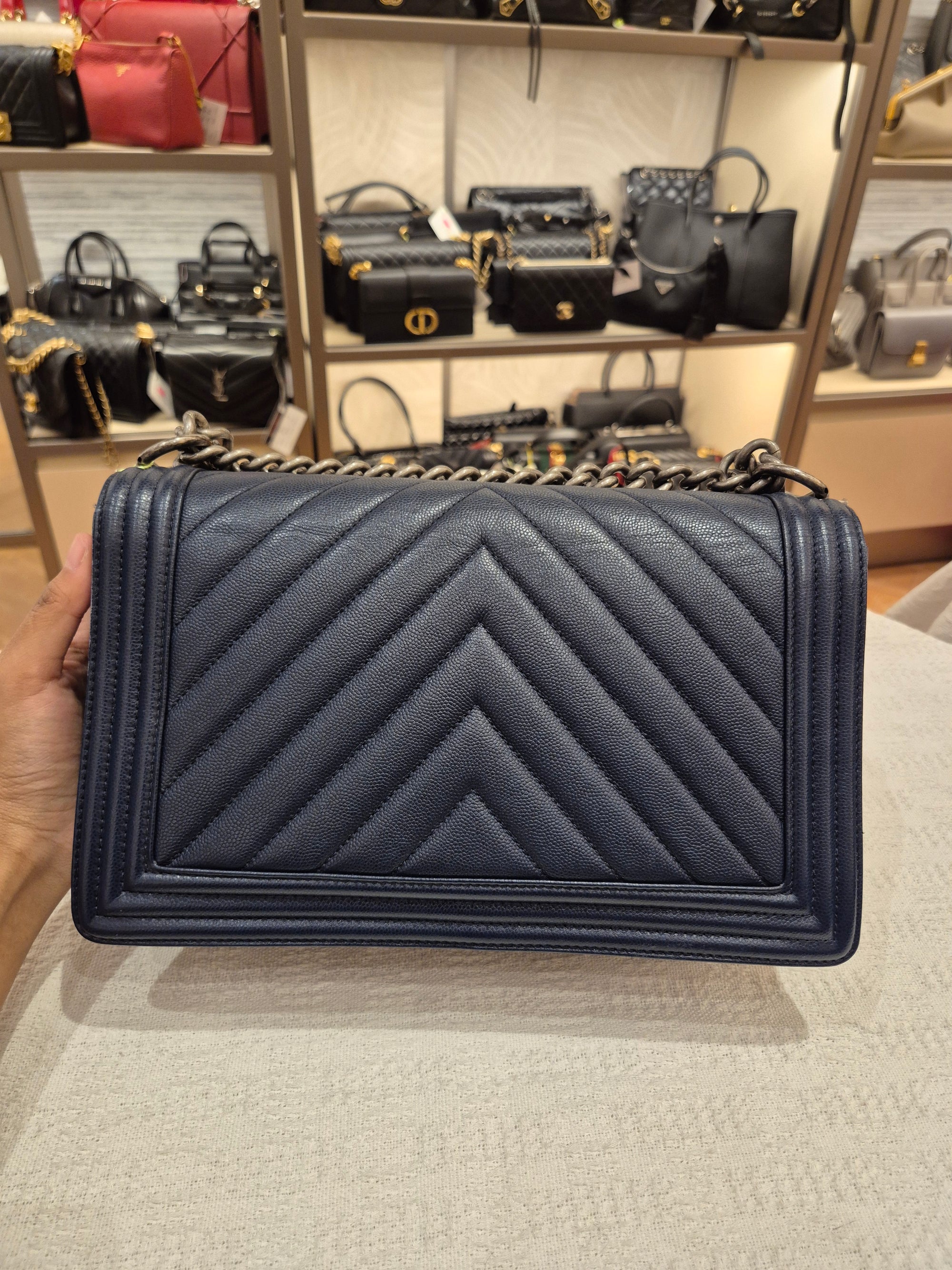 Chanel Boy New Medium Caviar Chevron Navy