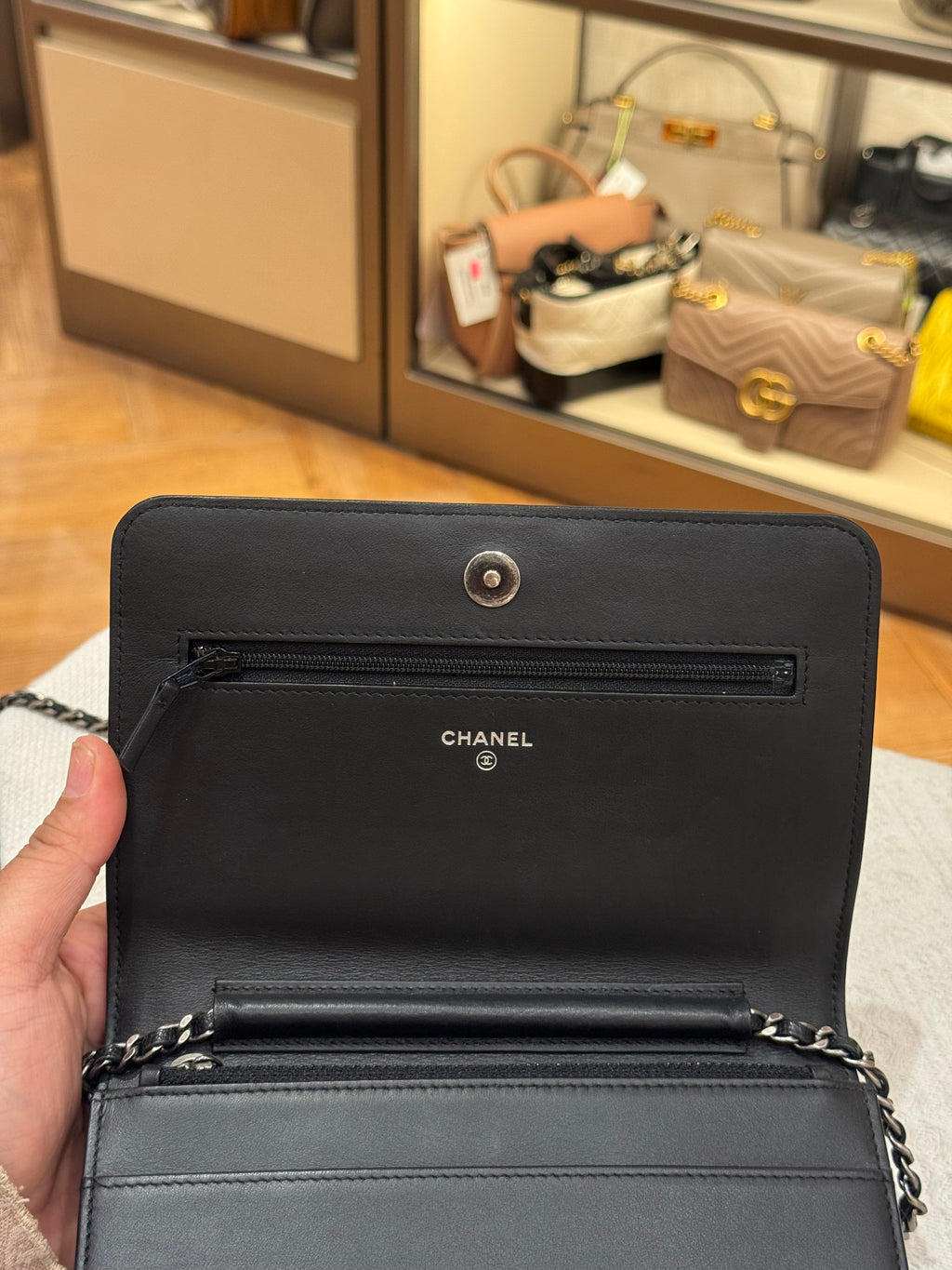 Chanel WOC Chevron Black Caviar RHW