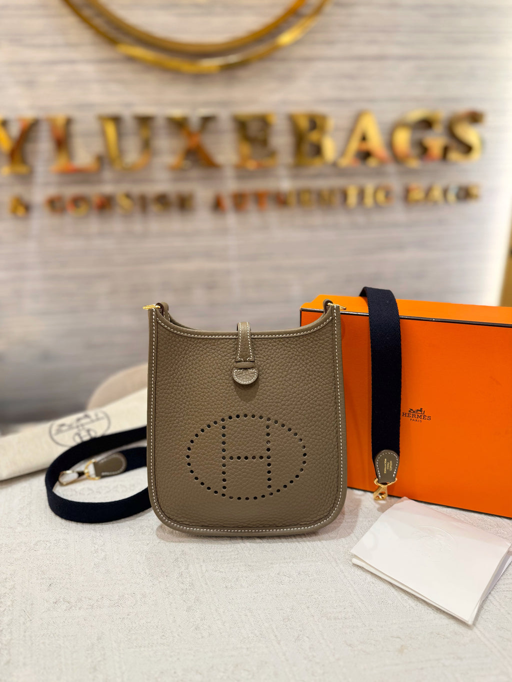 Hermes Evelyn 16 Etoupe / Blue Indigo