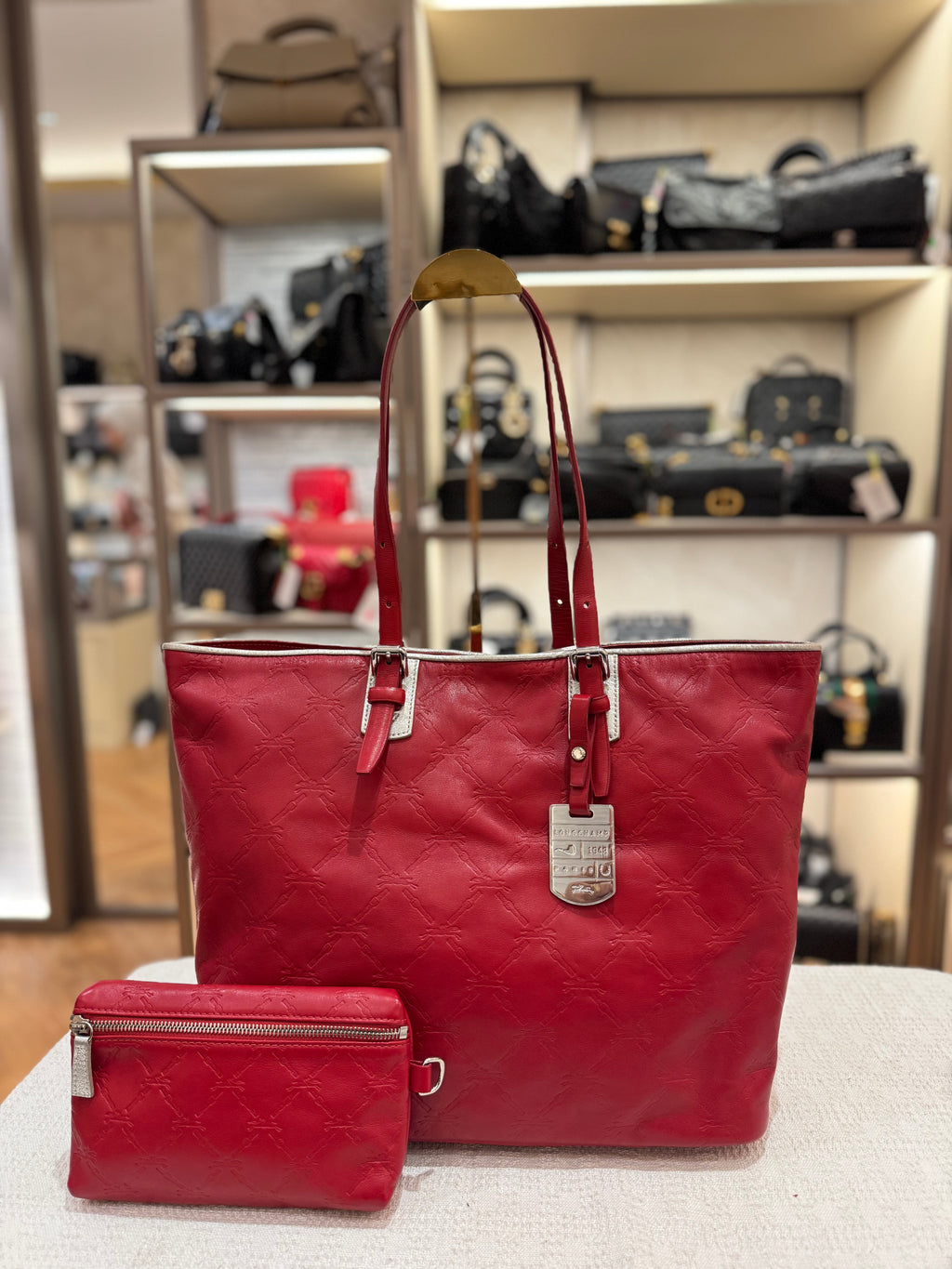Longchamp LM Embossed Tote Red
