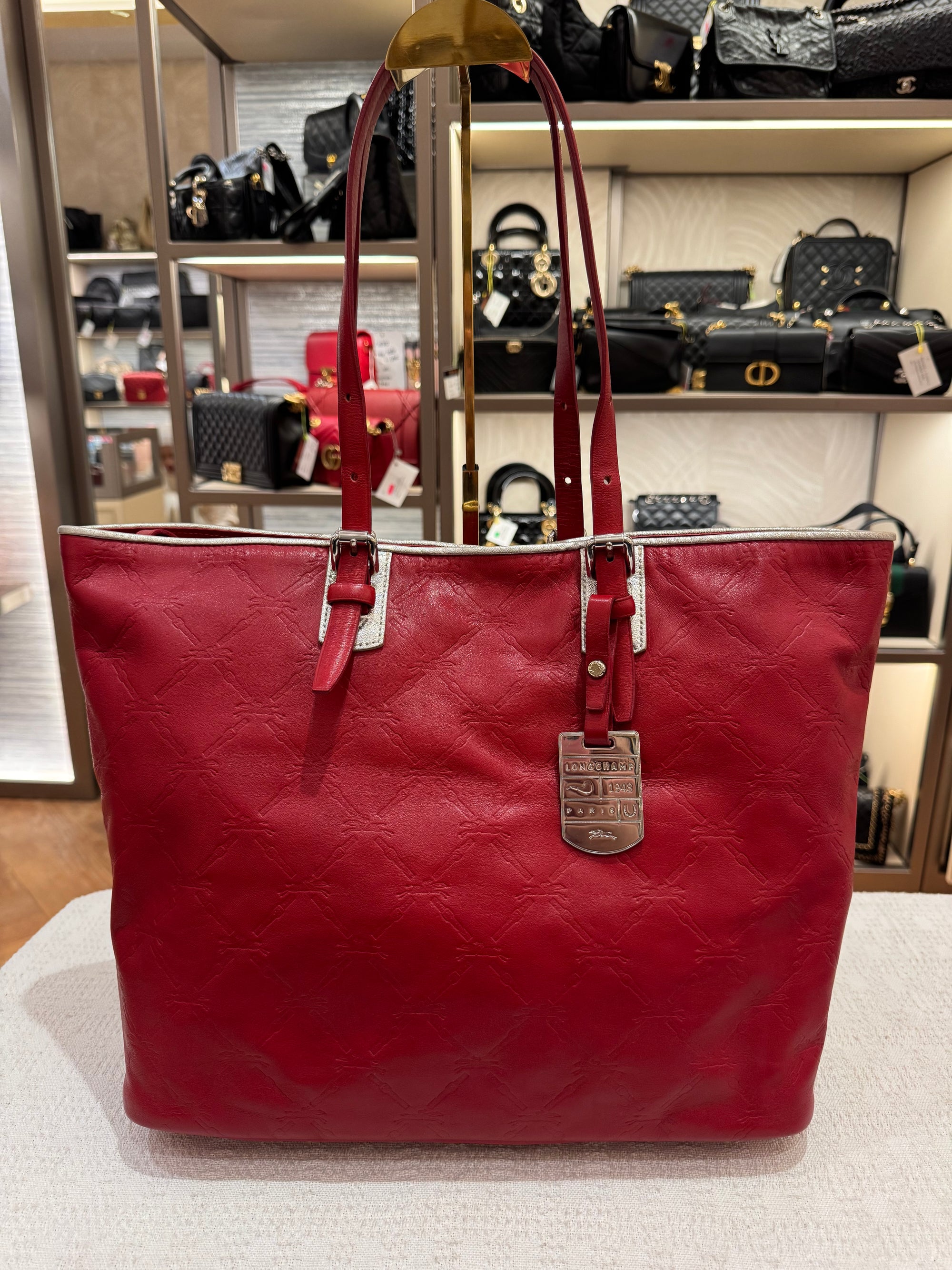Longchamp LM Embossed Tote Red