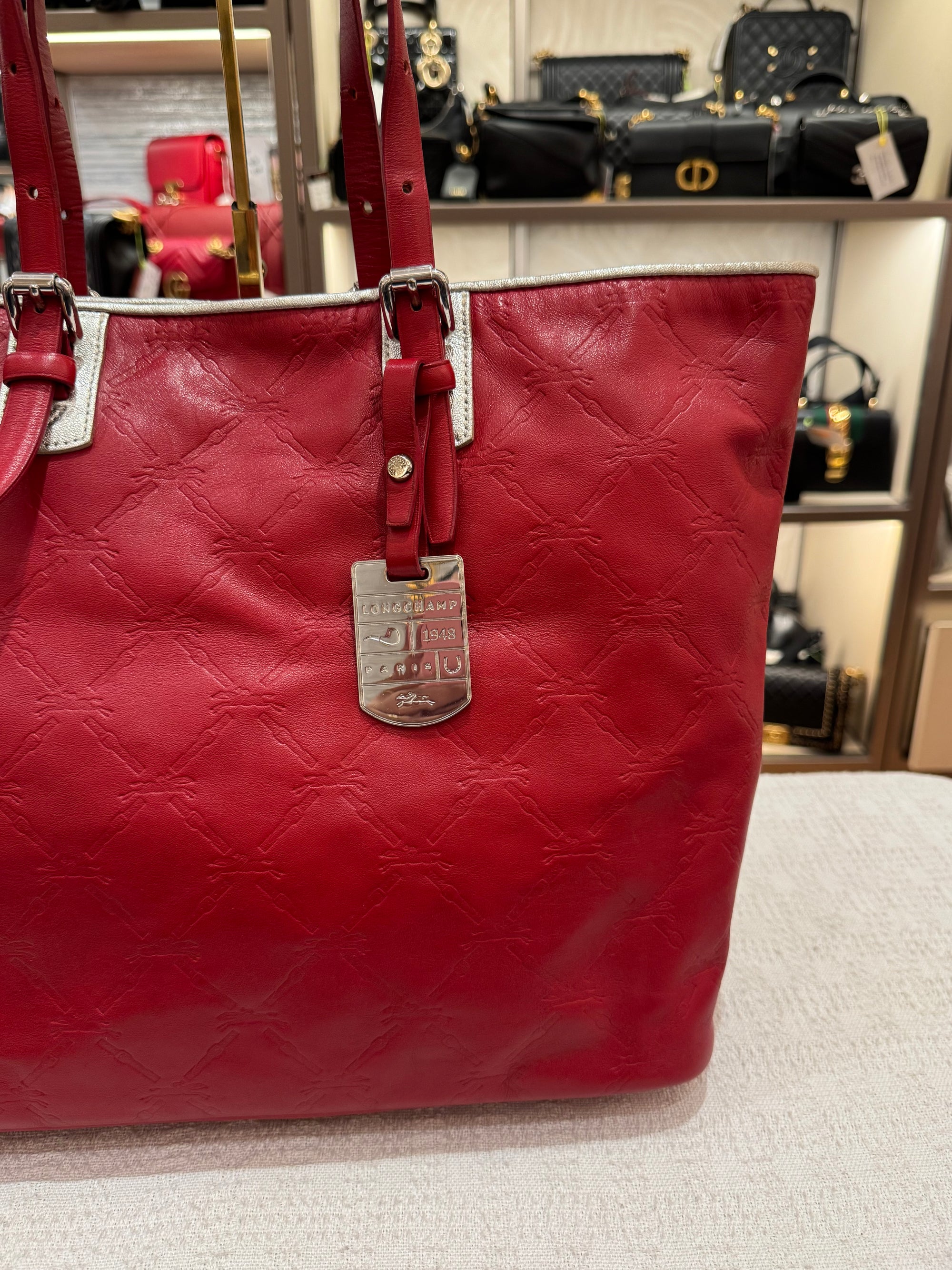 Longchamp LM Embossed Tote Red