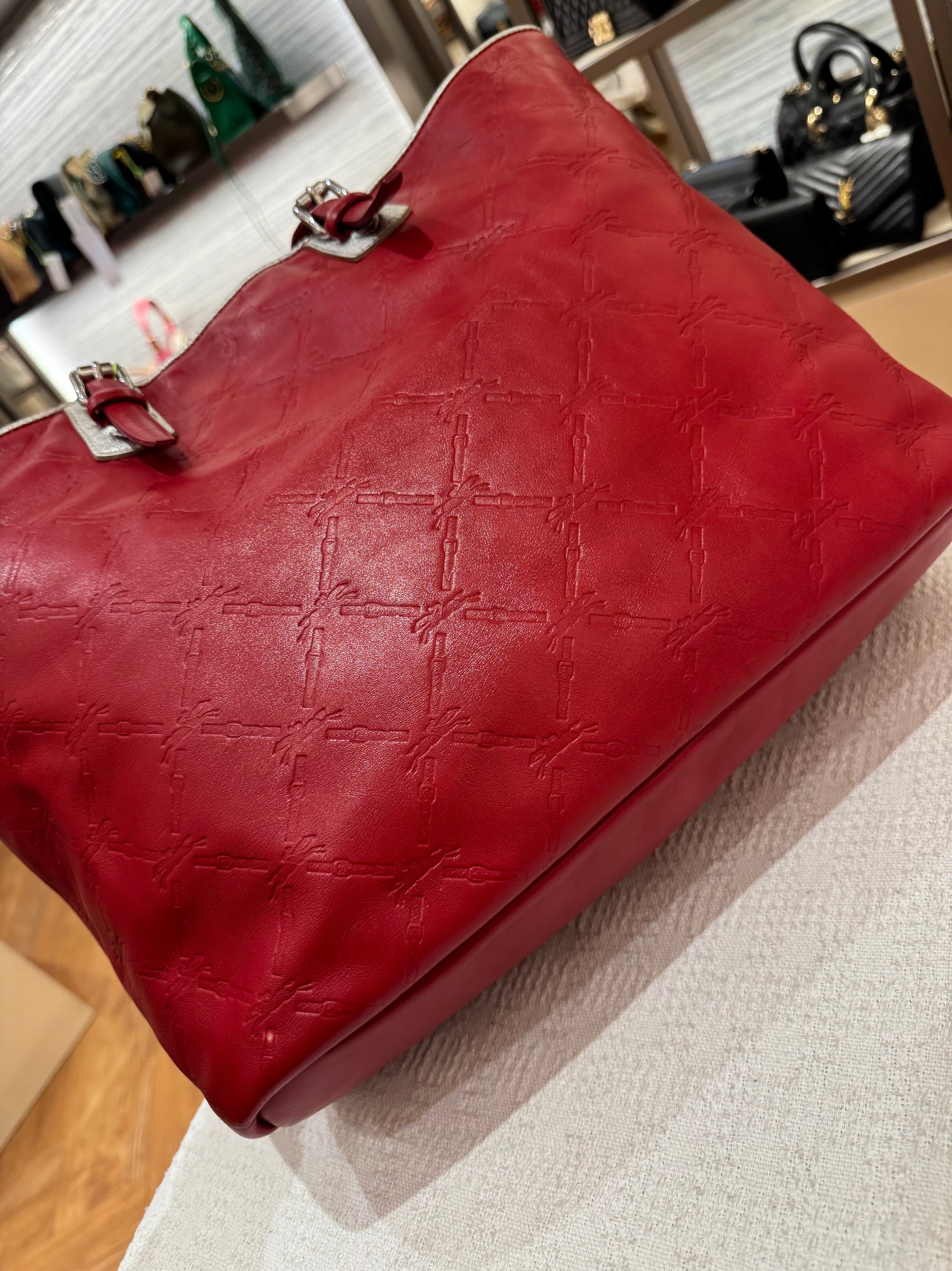 Longchamp LM Embossed Tote Red