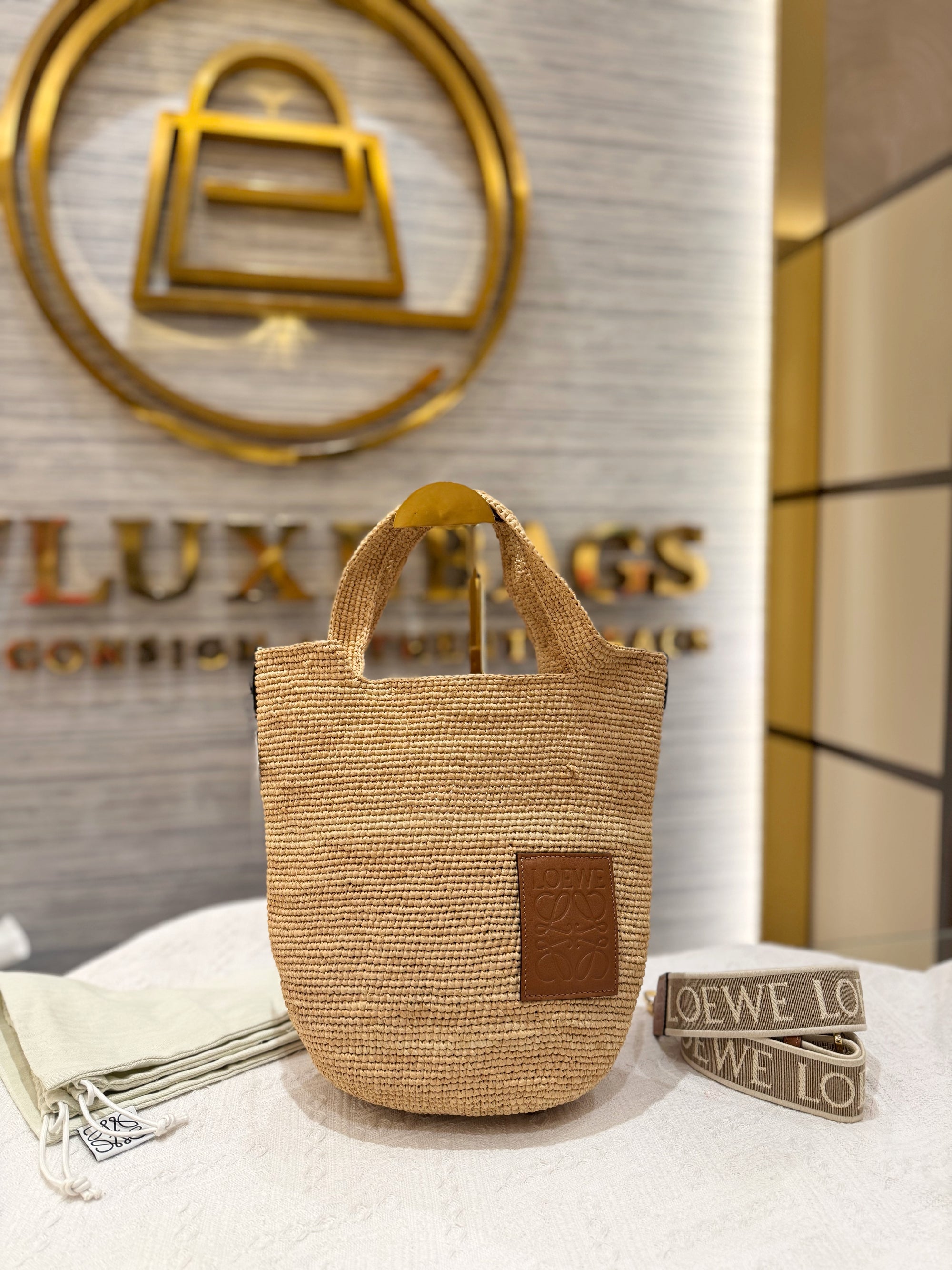 Loewe Raffia Slit Mini Tote Tan