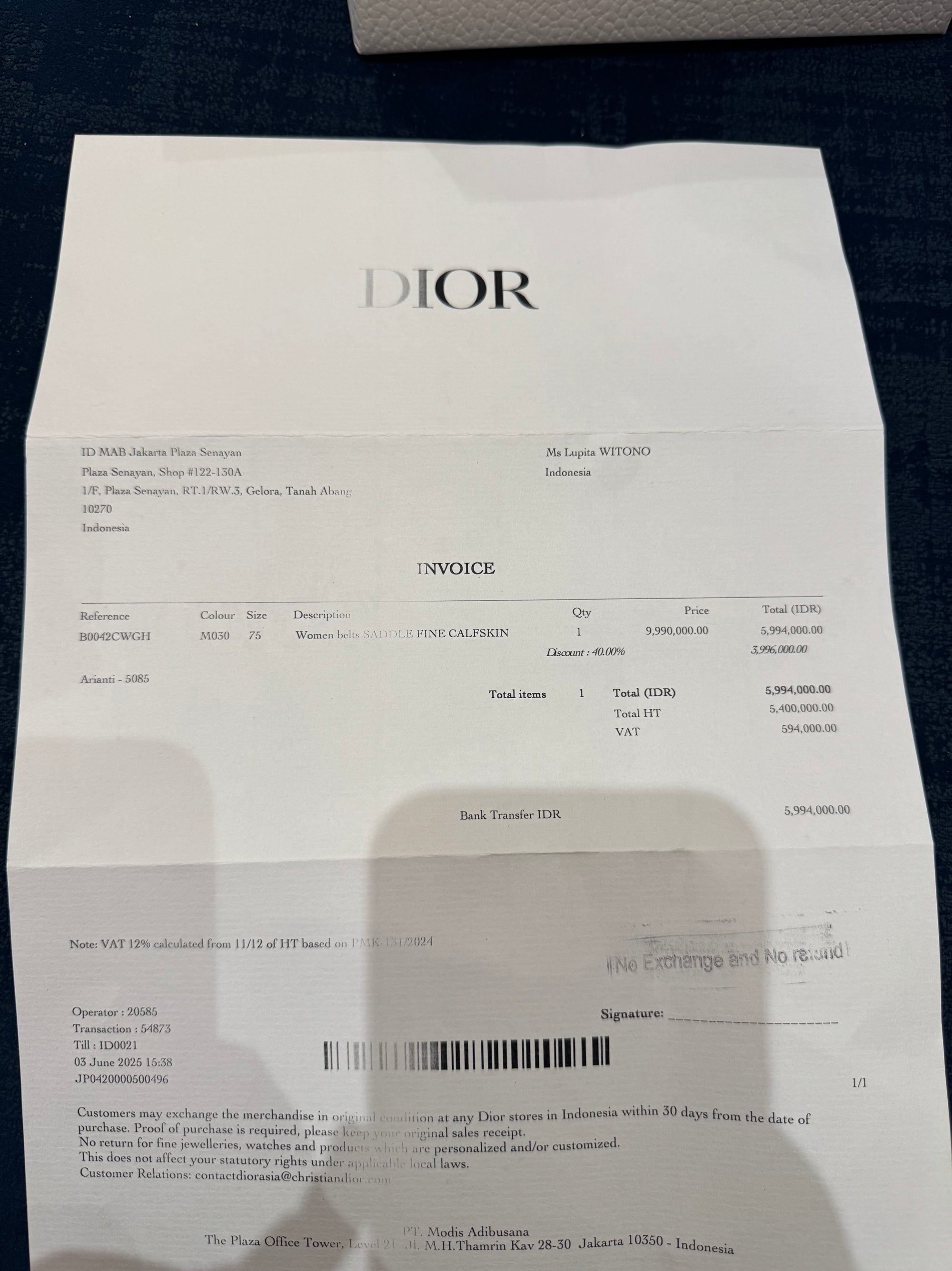Dior Belt Saddle White