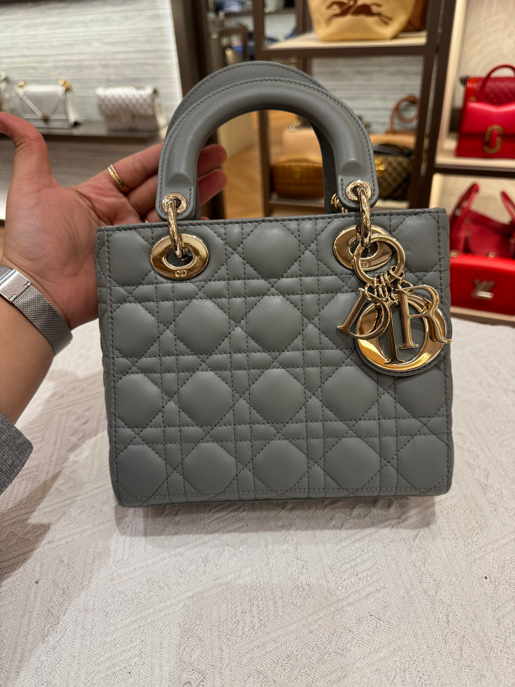 Lady Dior Small Grey Strap Pin