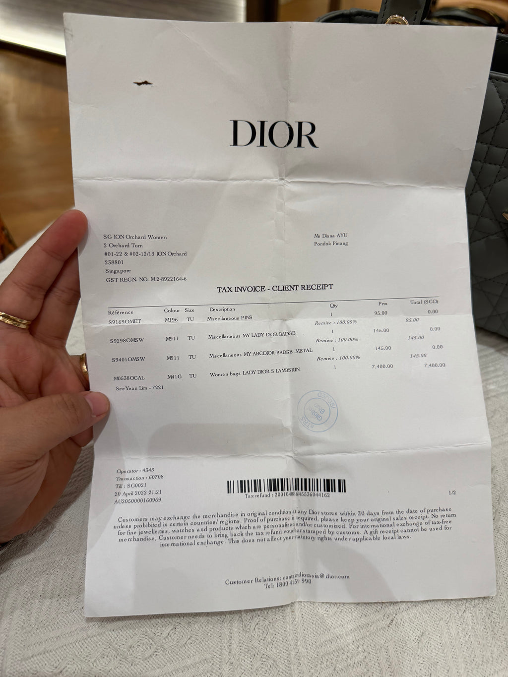 Lady Dior Small Grey Strap Pin