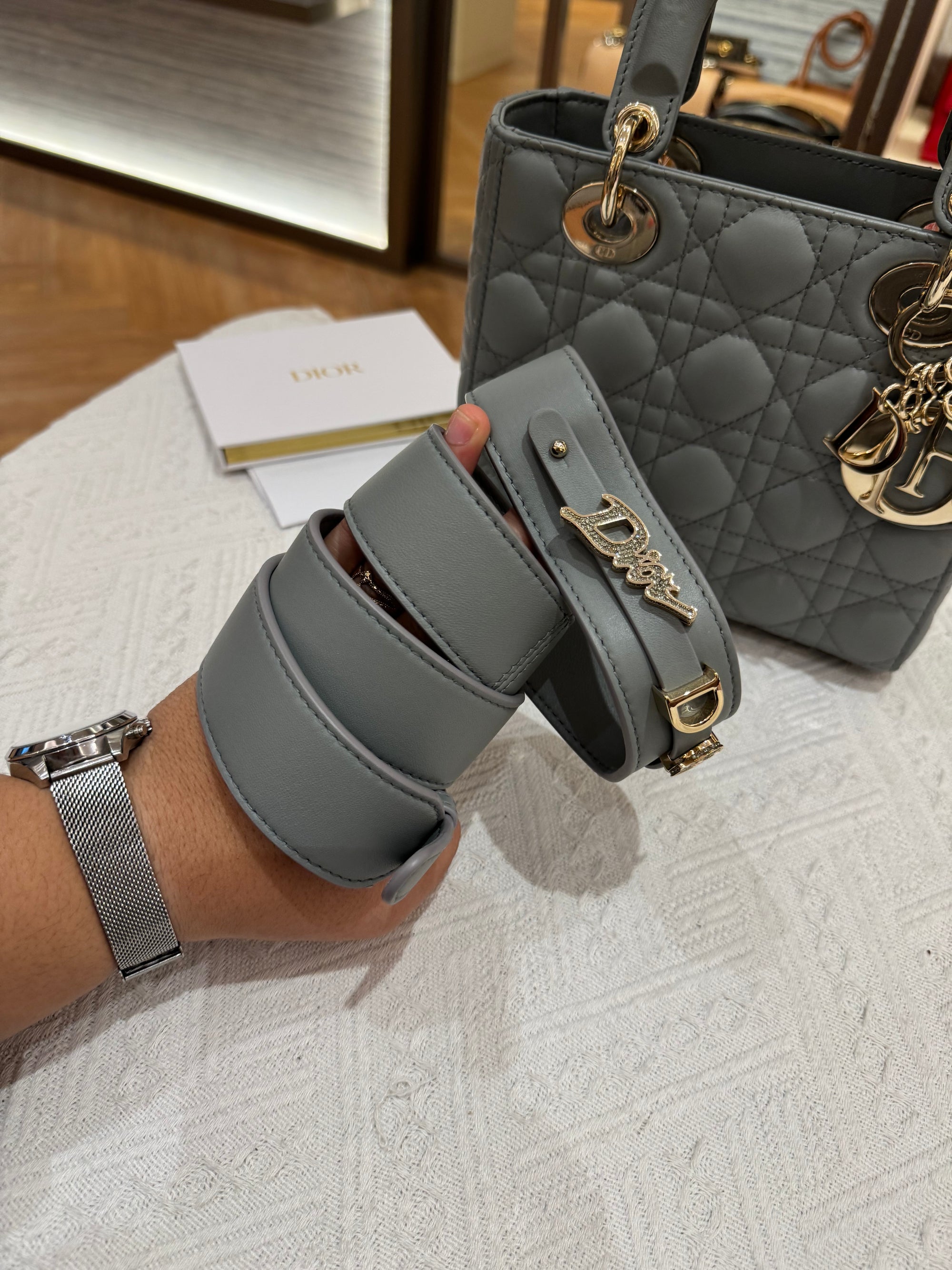 Lady Dior Small Grey Strap Pin