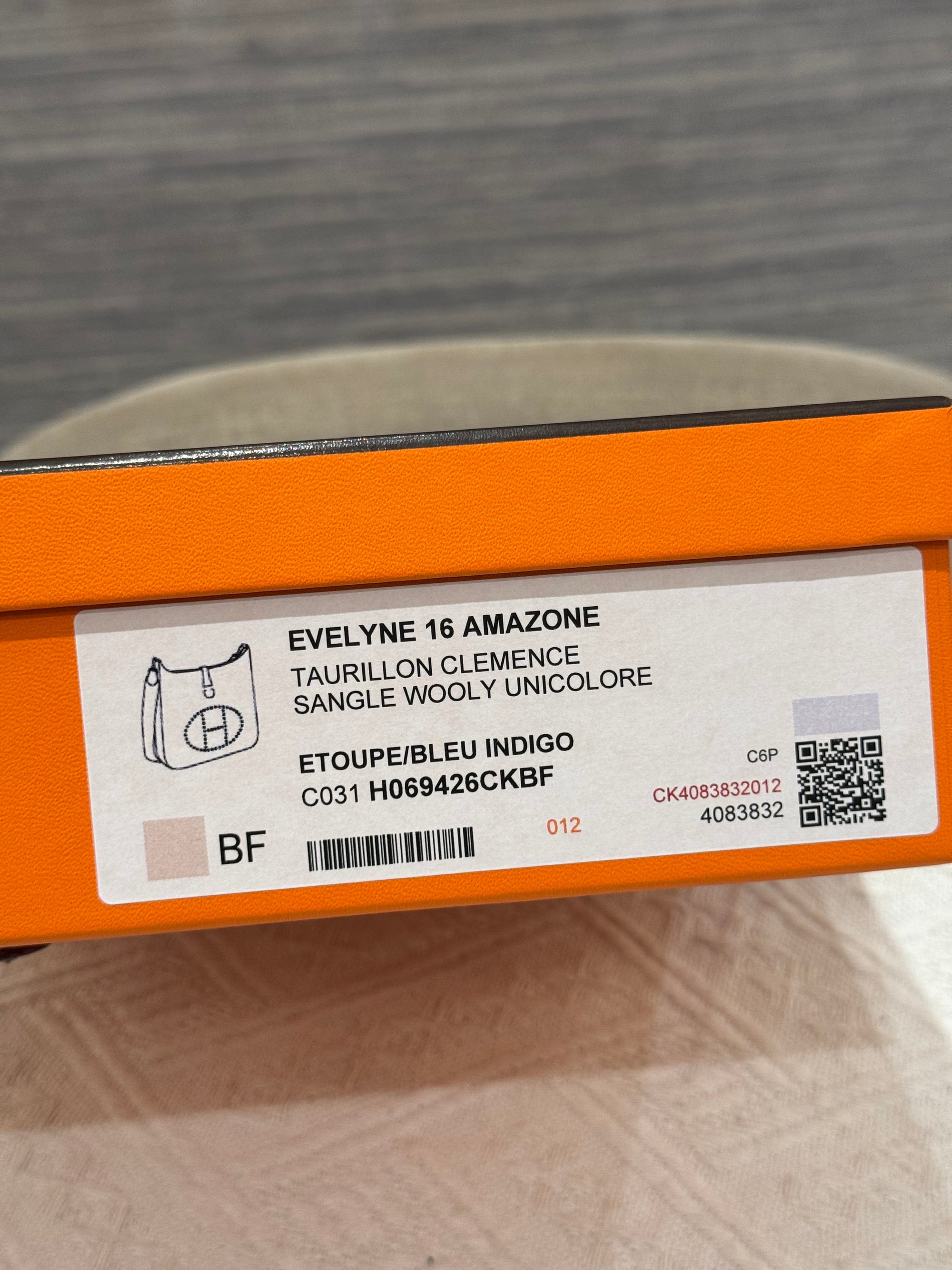 Hermes Evelyn 16 Etoupe / Blue Indigo