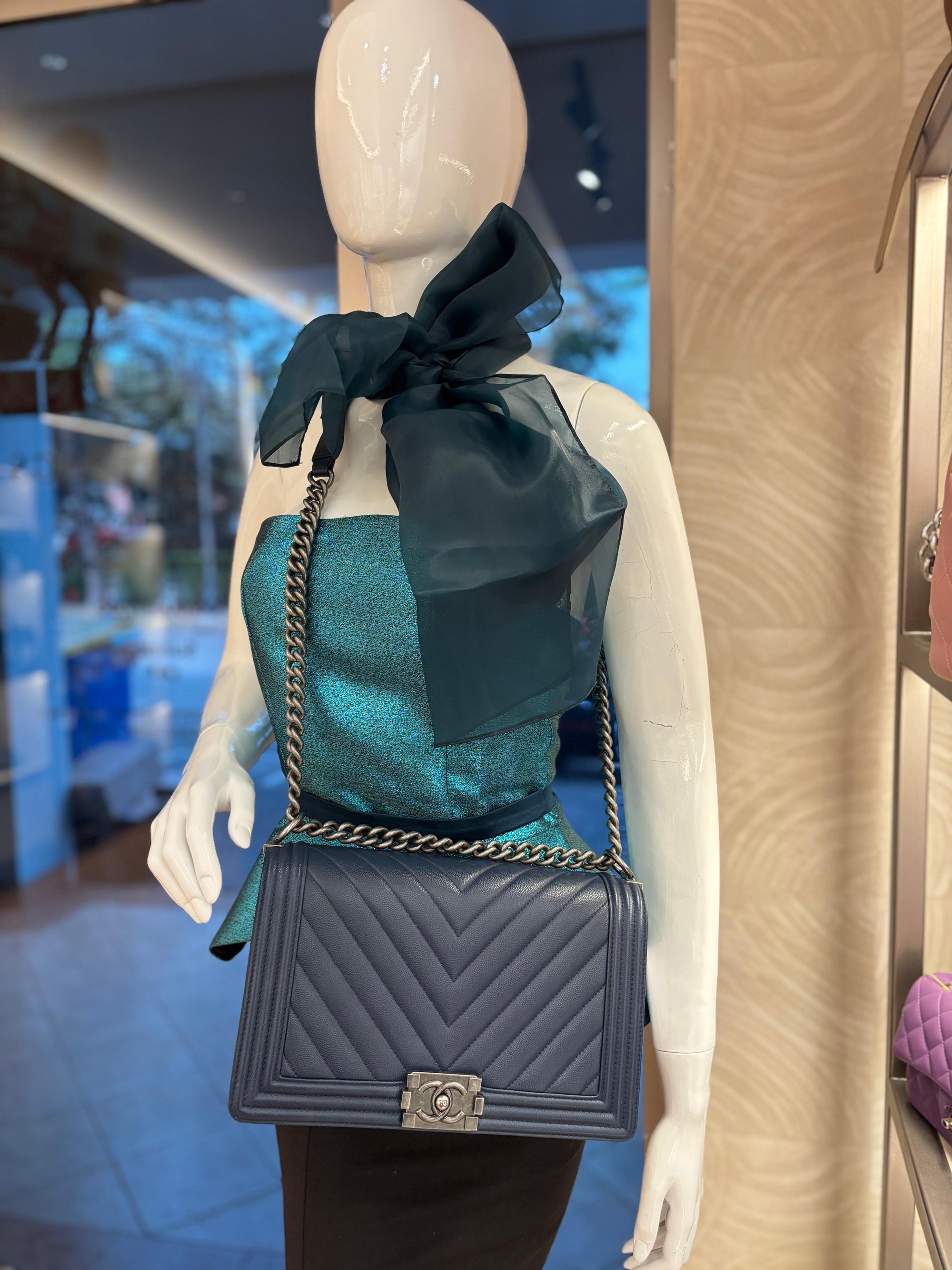 Chanel Boy New Medium Caviar Chevron Navy