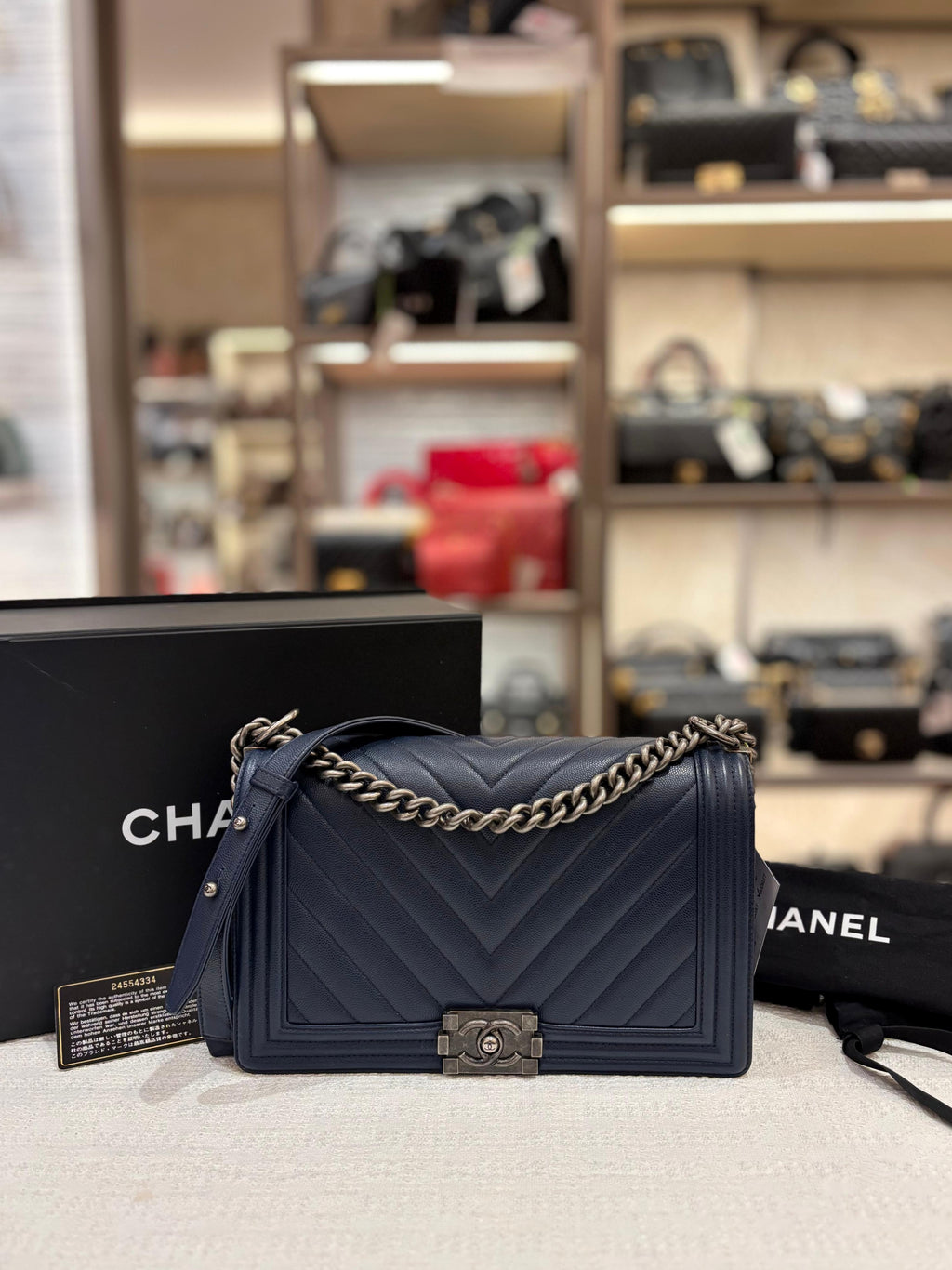 Chanel Boy New Medium Caviar Chevron Navy
